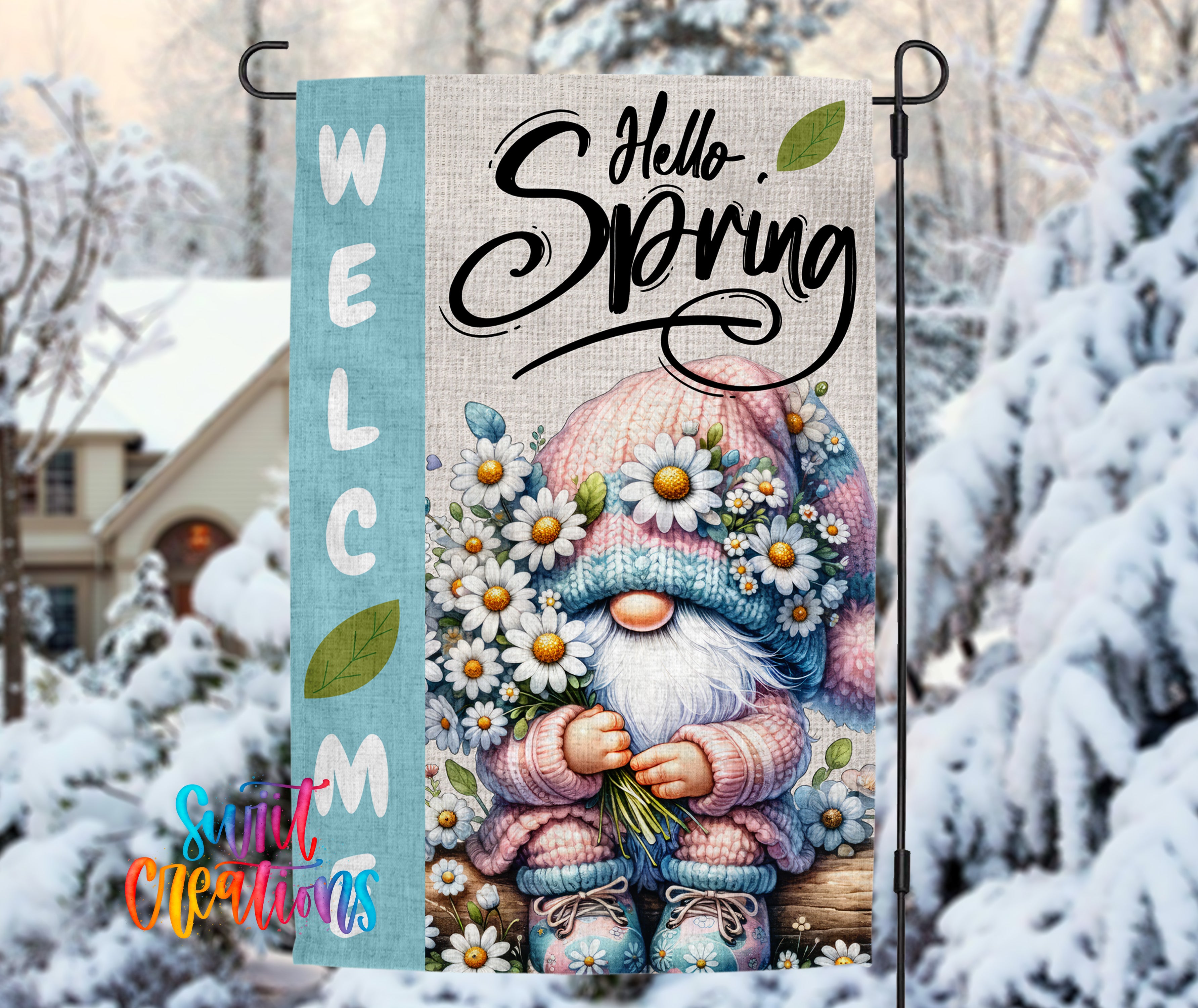 A colorful garden gnome holding flowers and surrounded by snow, with a "Welcome" sign and the text "Hello Spring" displayed on the gnome.