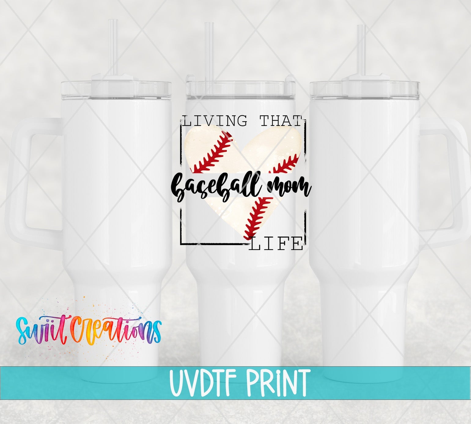a set of three white tumblers with the words living that baseball mom life