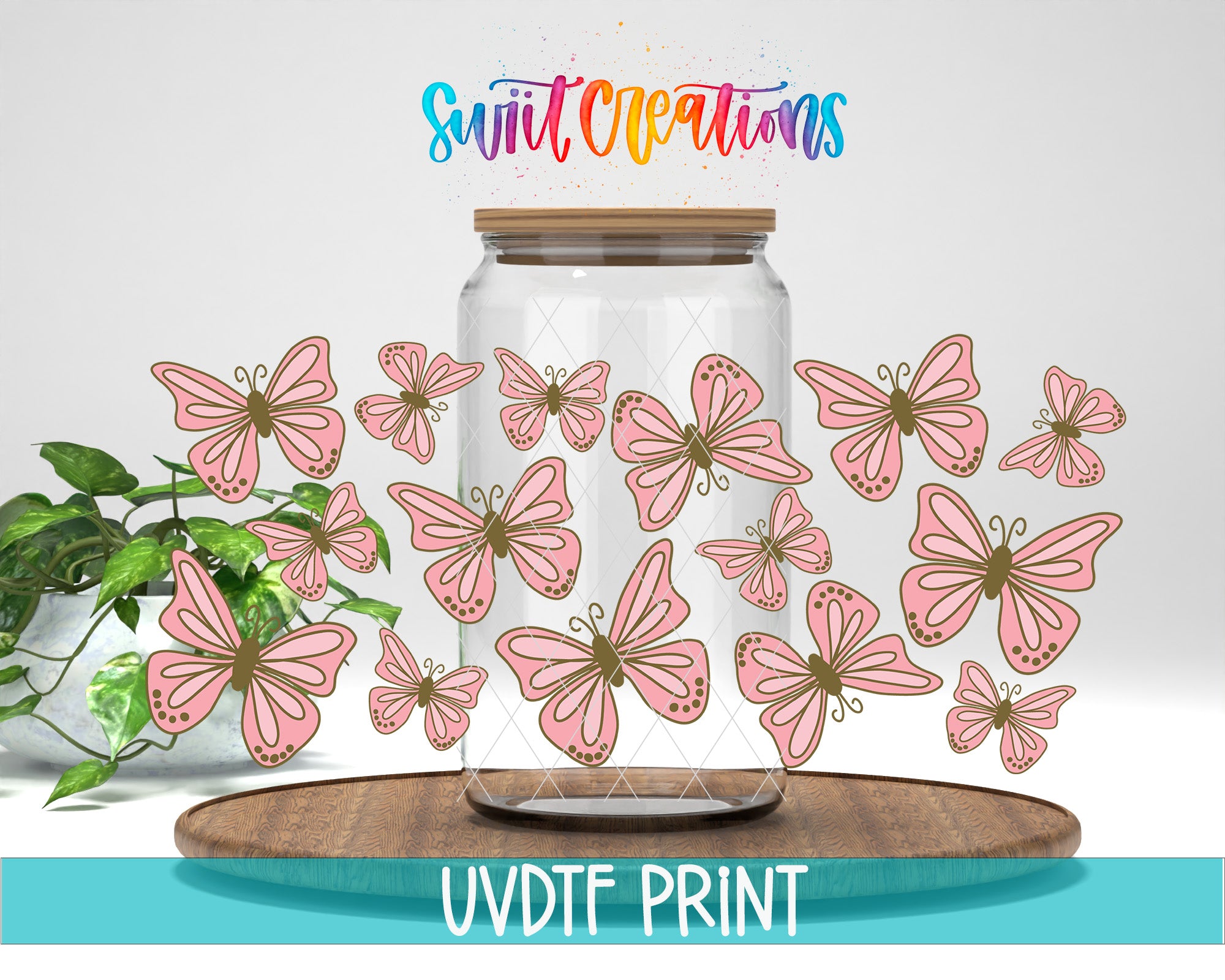a glass jar filled with pink butterflies, placed on a wooden surface. The jar is surrounded by a variety of pink butterflies, creating a visually appealing and colorful scene.