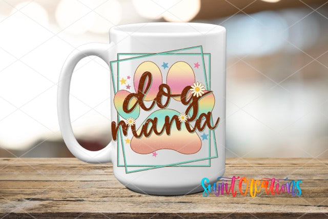 a white coffee mug with the words dog mama on it