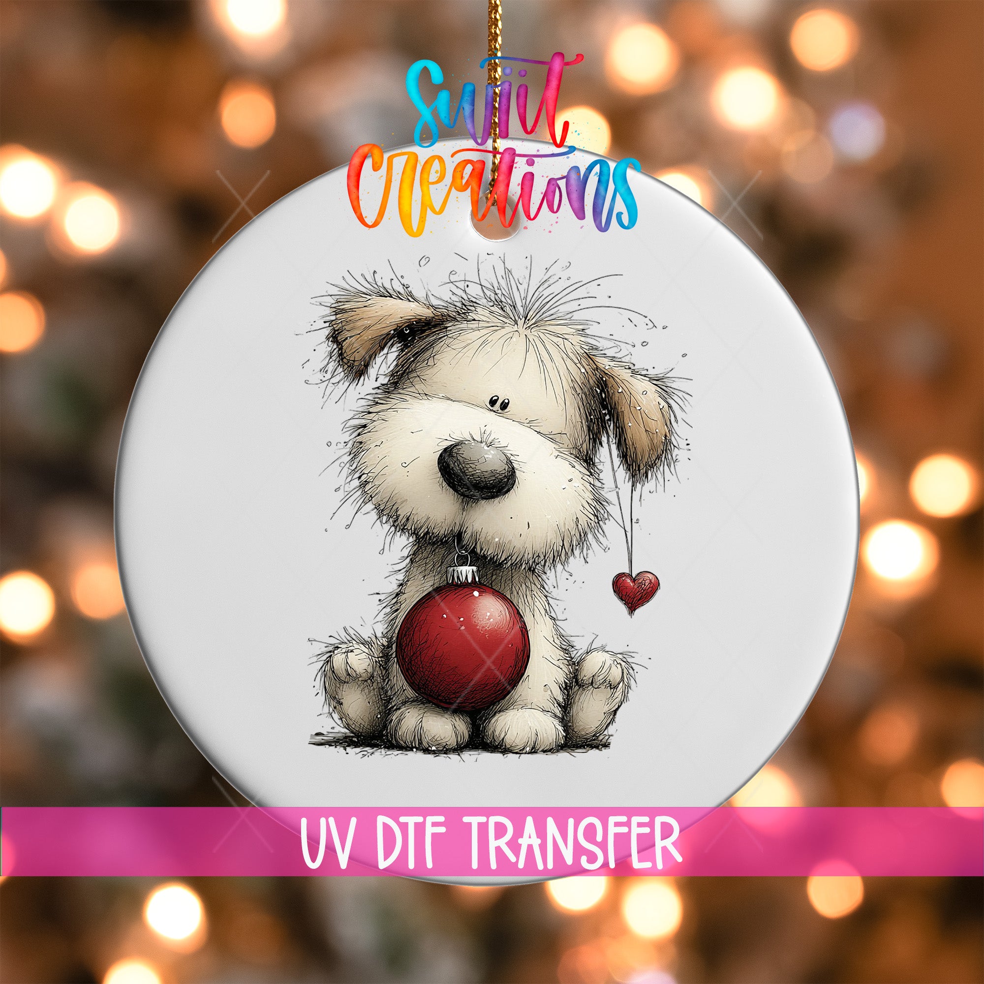 A white ceramic ornament with a cute cartoon dog holding a red heart-shaped ornament.