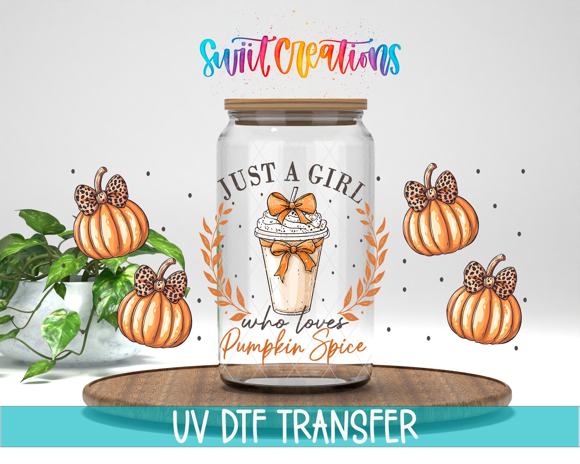 a glass jar with a pumpkin design and text, surrounded by illustrations of pumpkins with leopard print bows, and a plant in the background.