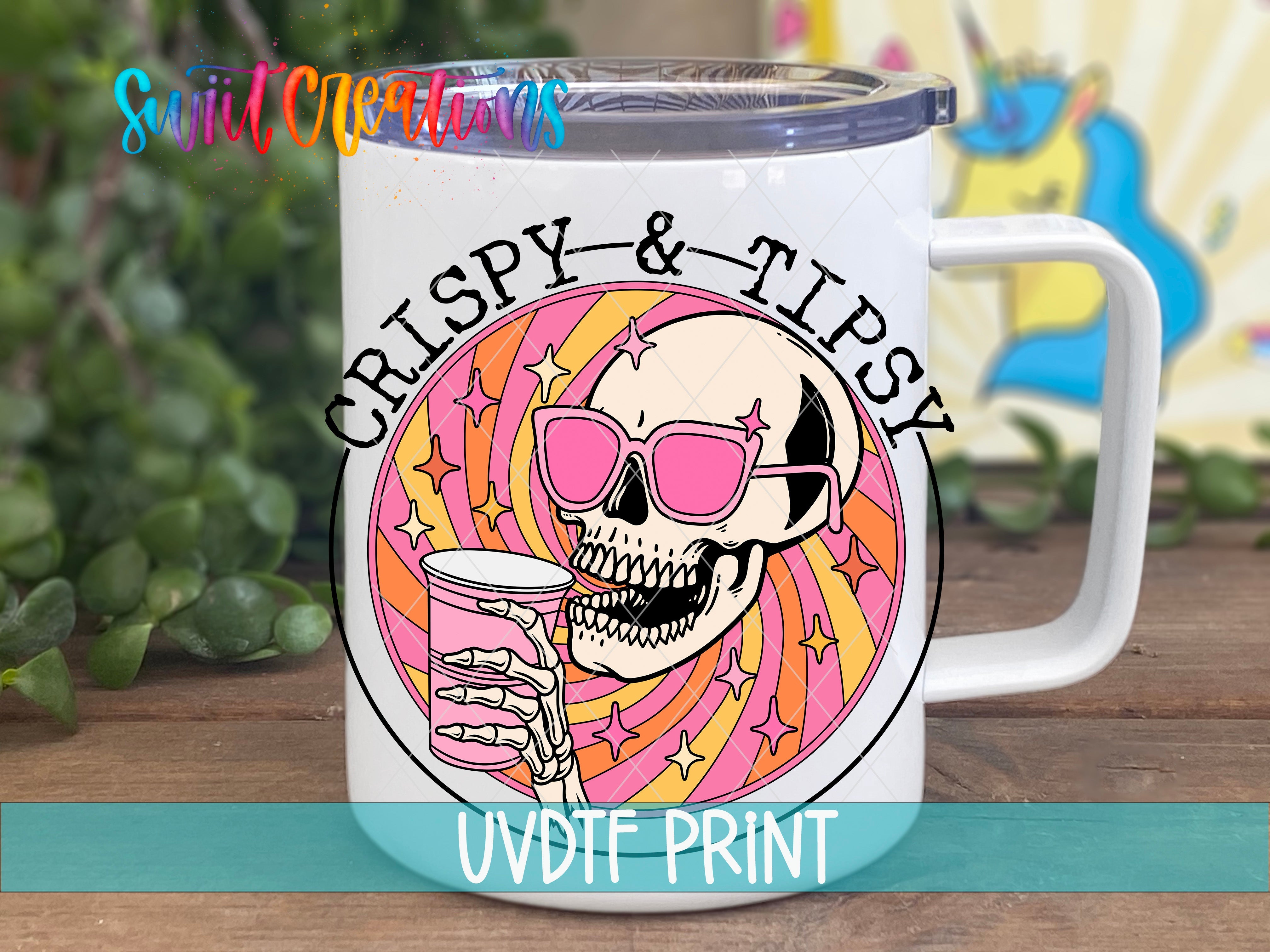a coffee mug with a skull wearing sunglasses and holding a drink