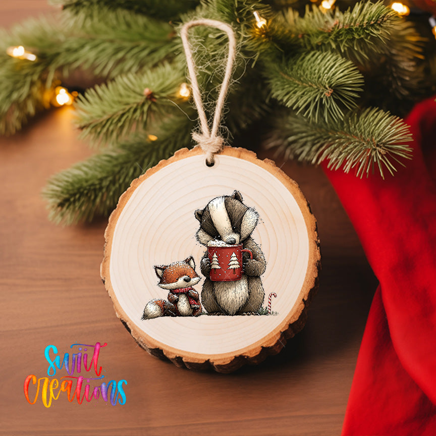 A wooden ornament featuring a badger and a fox, with the badger holding a mug, is hanging on a Christmas tree.