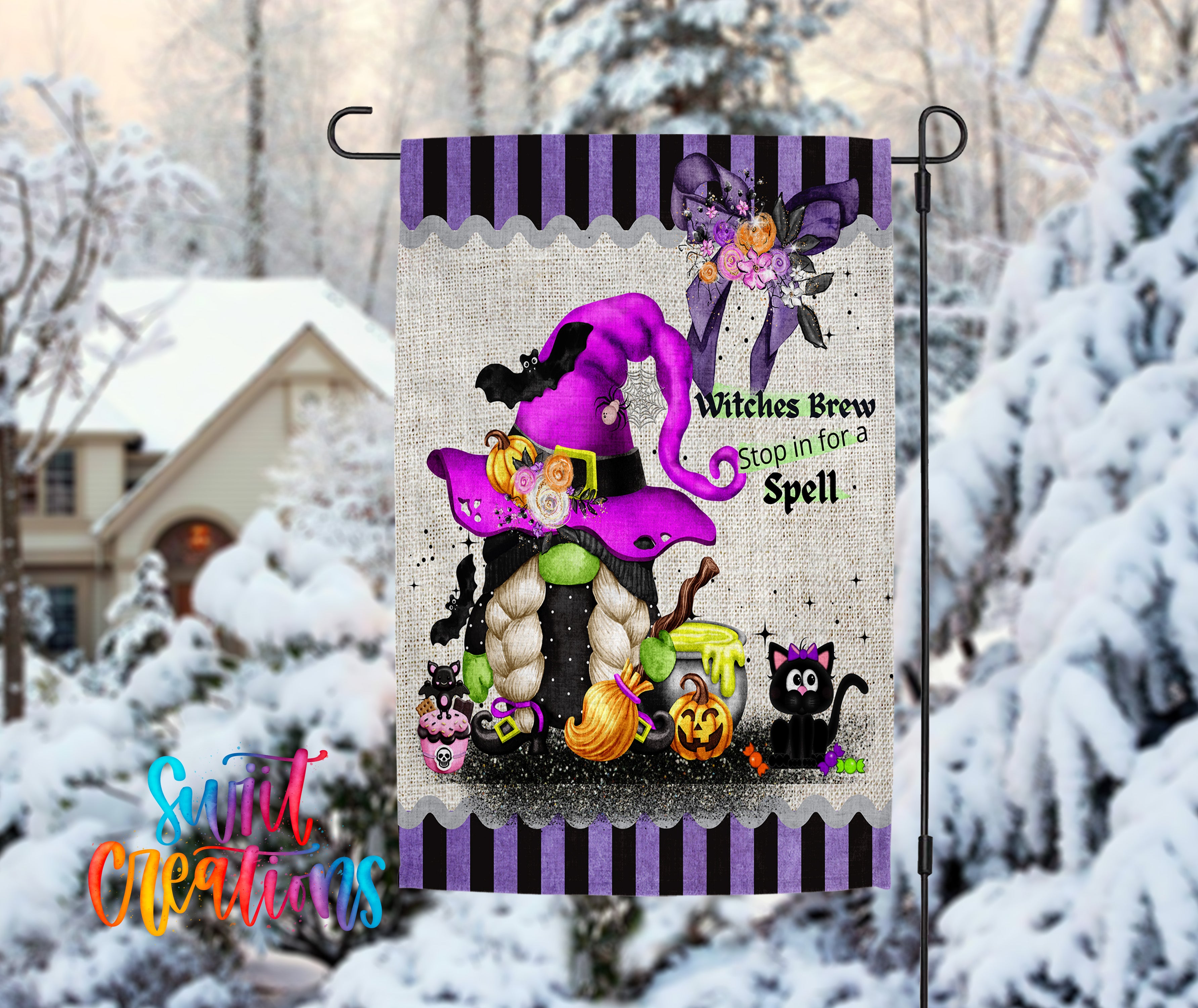 A Halloween-themed garden flag featuring a purple witch's hat, a gnome, pumpkins, and other spooky elements, with the text "Witches Brew Stop in for a Spell!"