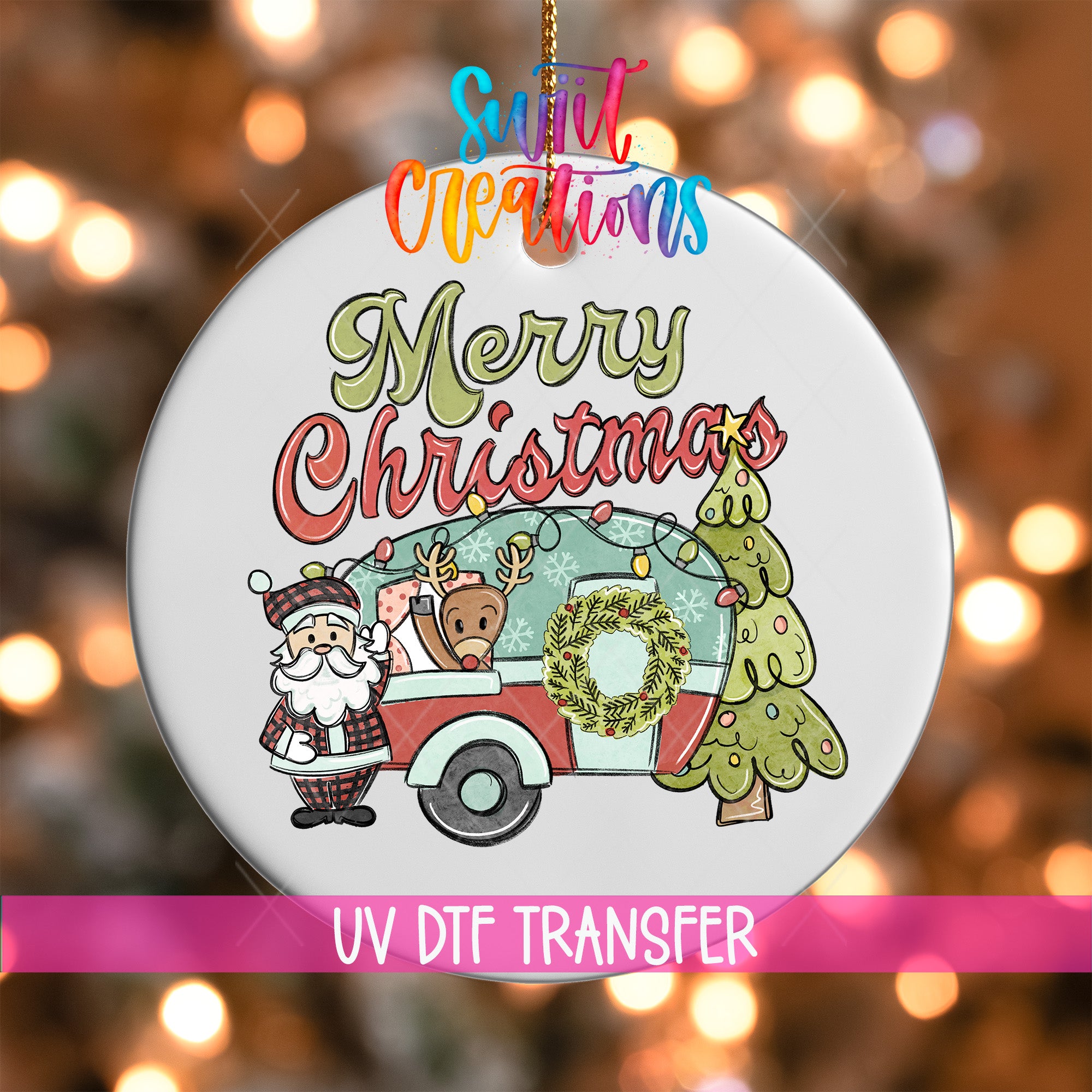A Christmas ornament with a Santa Claus figure, a reindeer, and a camper van, along with the text "Merry Christmas" and "UV Dtf Transfer".