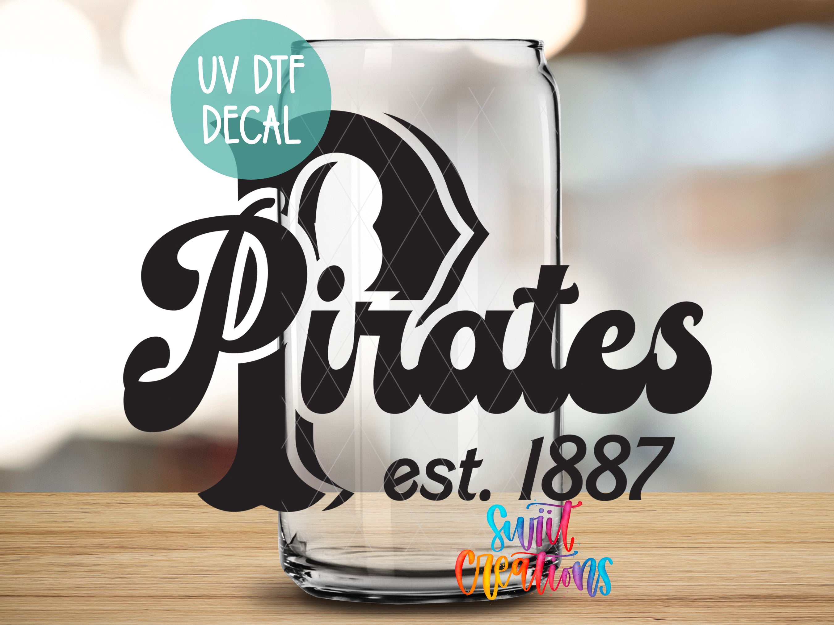 a glass with the words pirats est 1897 on it