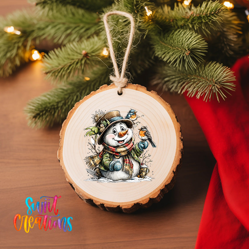 A wooden ornament featuring a smiling snowman is hanging on a Christmas tree, surrounded by pine branches and twinkling lights.