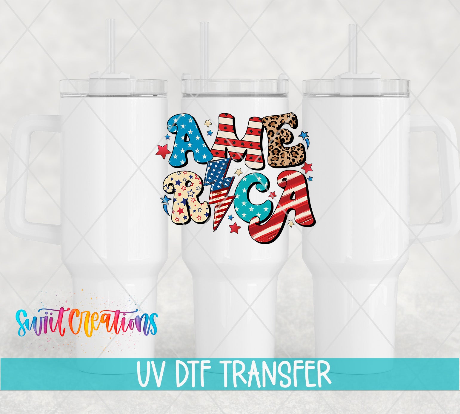 a white mug with a colorful design that says "AMERICA" on it.