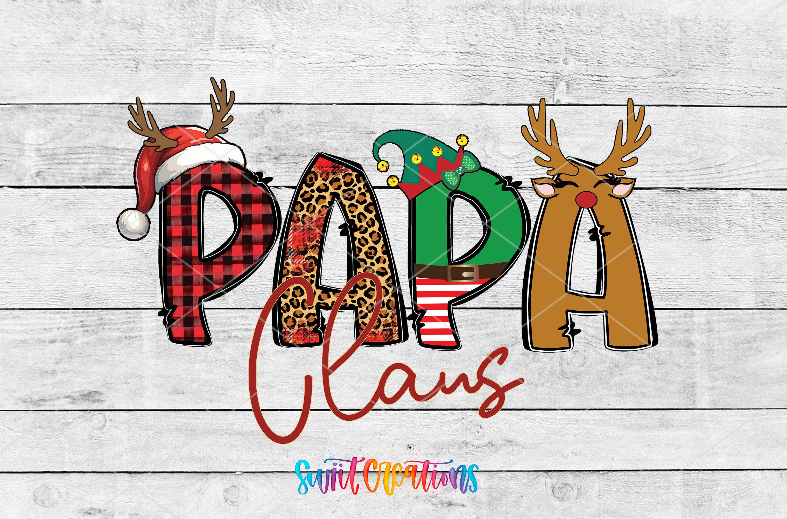 the word papa claus with reindeers and christmas decorations