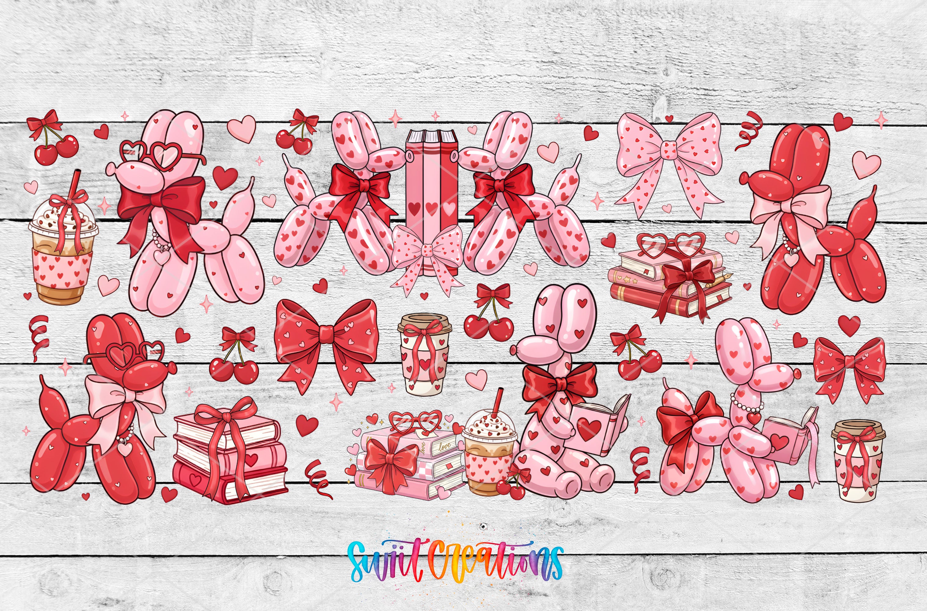 The image is a collage of various pink and red heart-themed objects, including balloons, ribbons, and other decorative items, arranged on a wooden background.