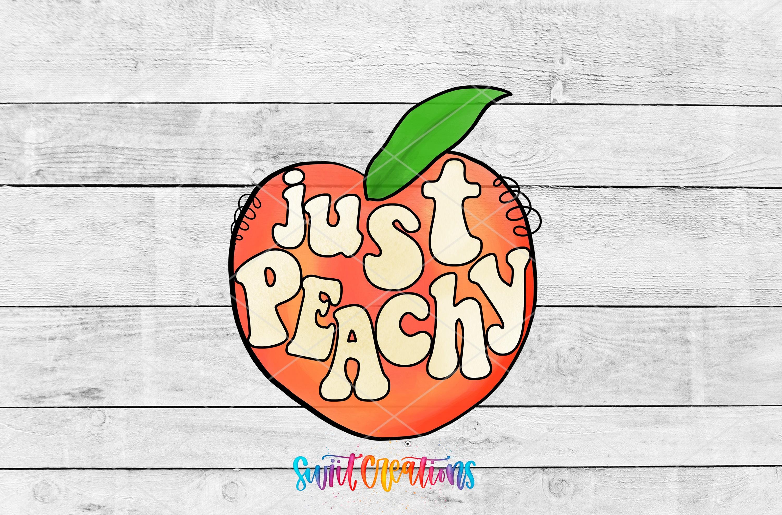 An illustration of an apple with the text "Just Peachy" written on it, set against a white wooden background.