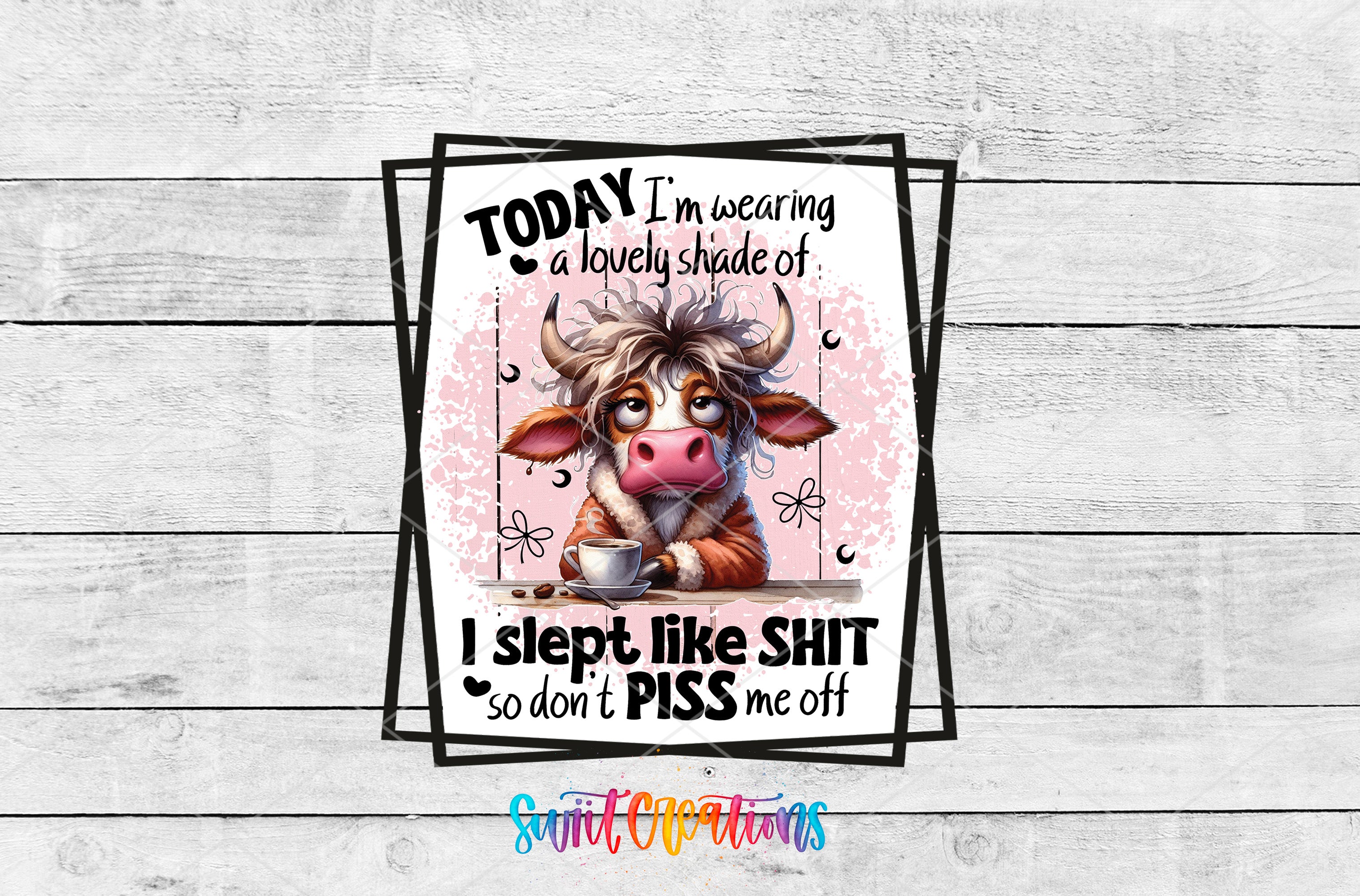 a picture of a cow with a cup of coffee