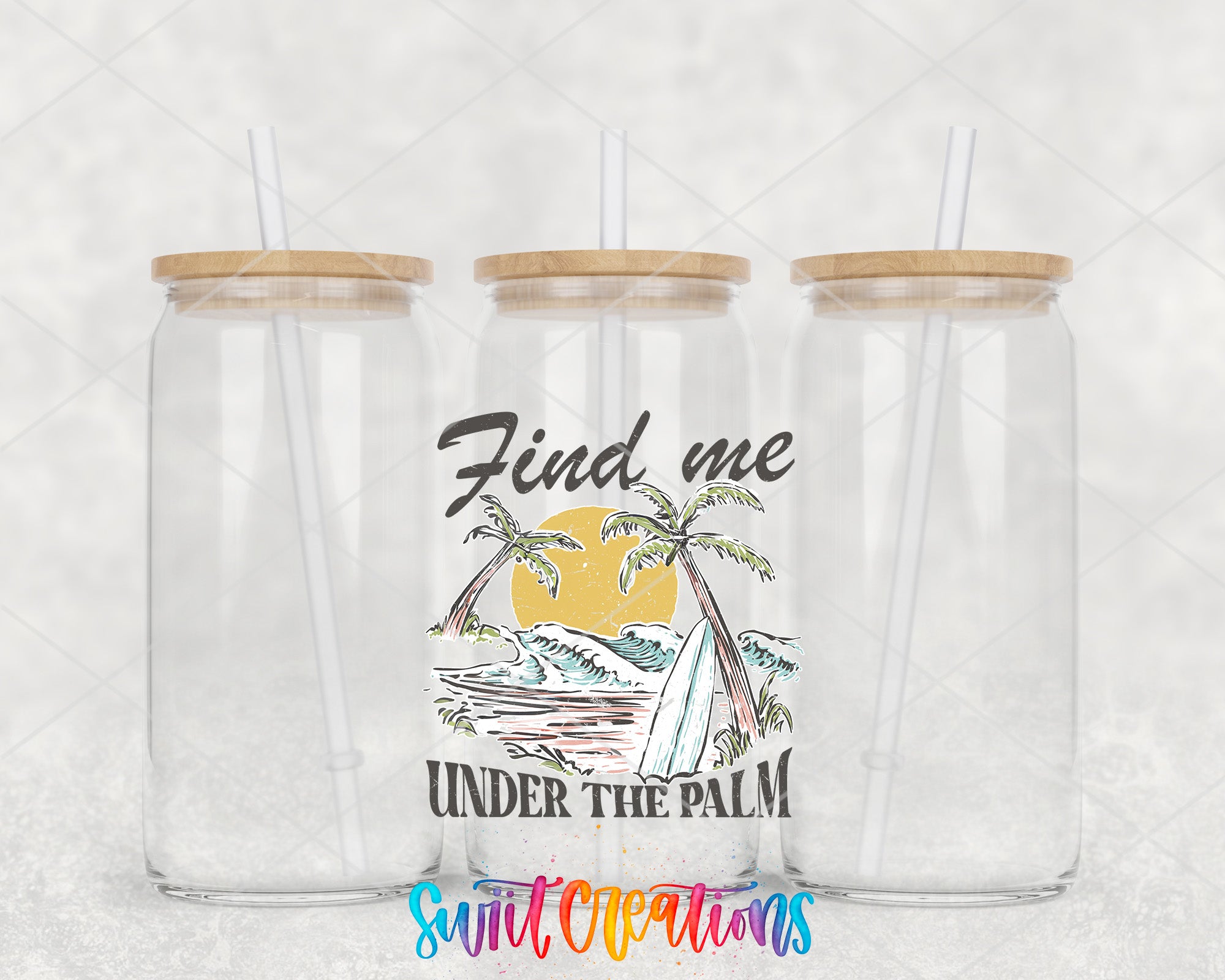 two clear tumblers with the words find me under the palm on them