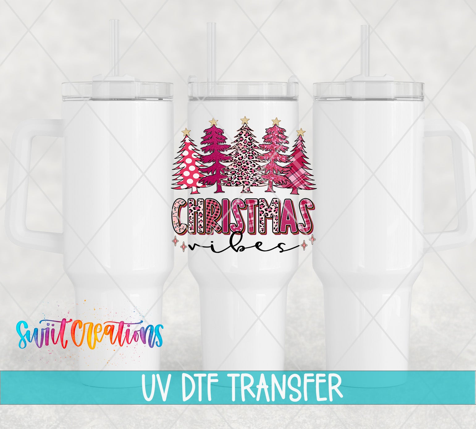 three white tumblers with a Christmas tree design and the text "Christmas vibes" printed on them.