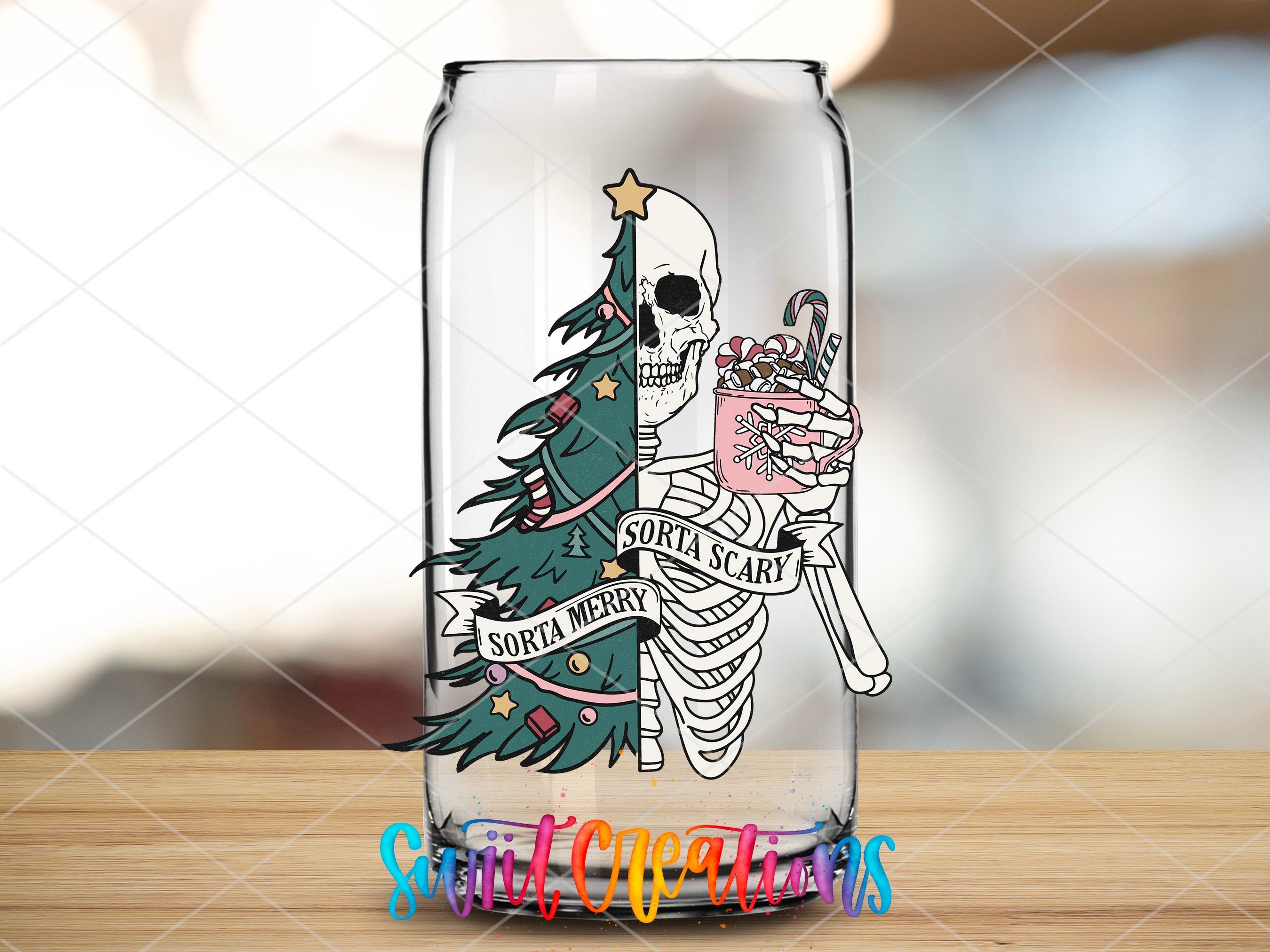 a glass with a skeleton holding a christmas tree