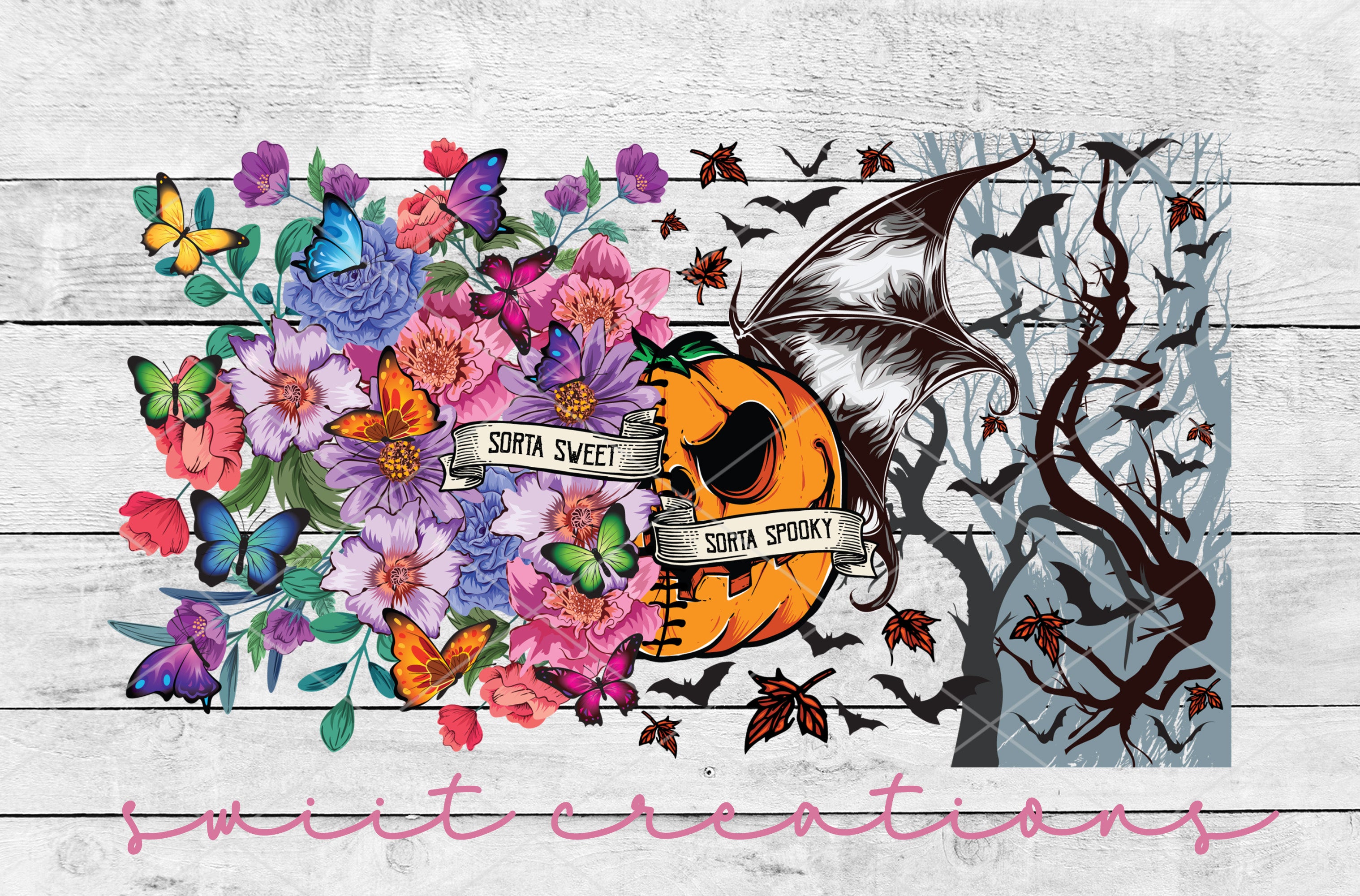 a picture of a pumpkin and flowers on a wooden background