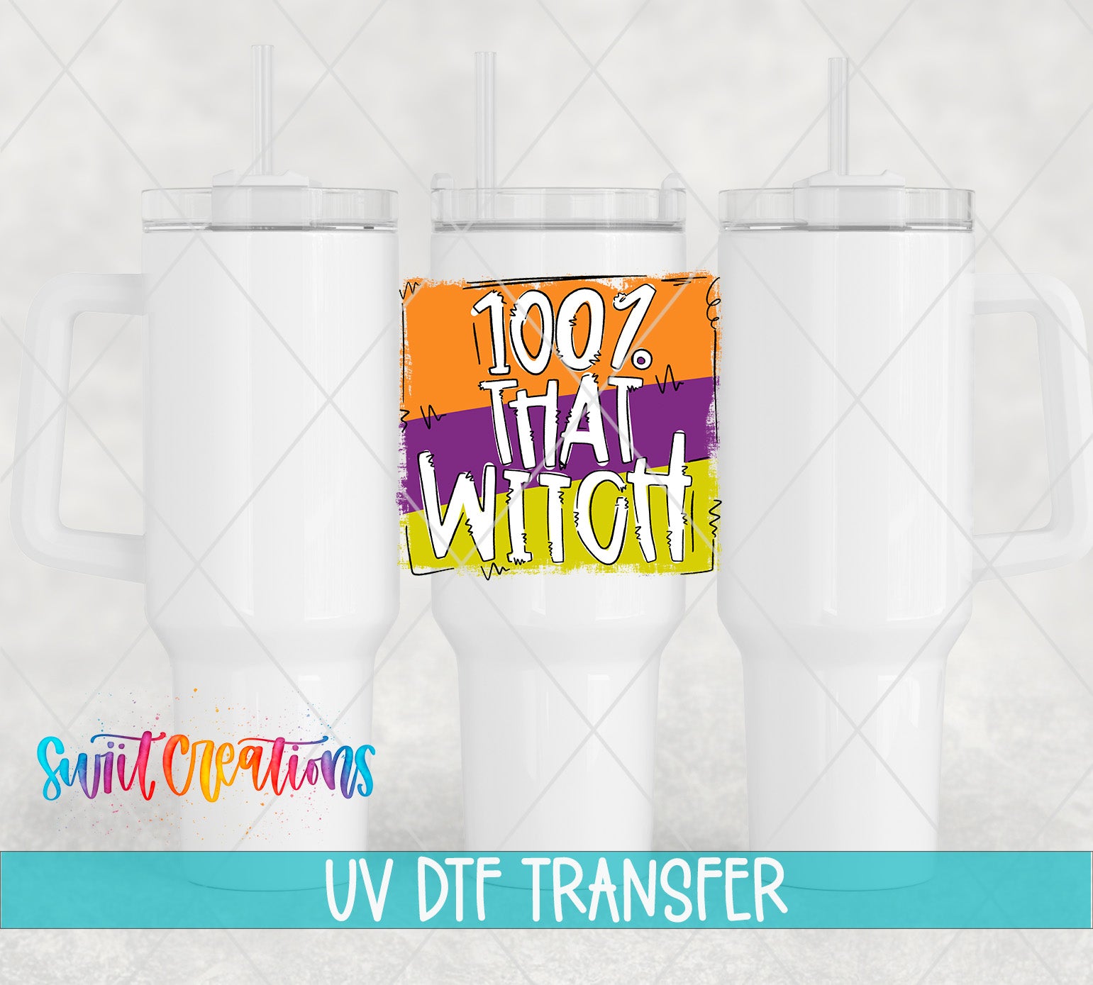 three white tumblers with a colorful graphic design on the center of one of them, which says "100.0 that witch".