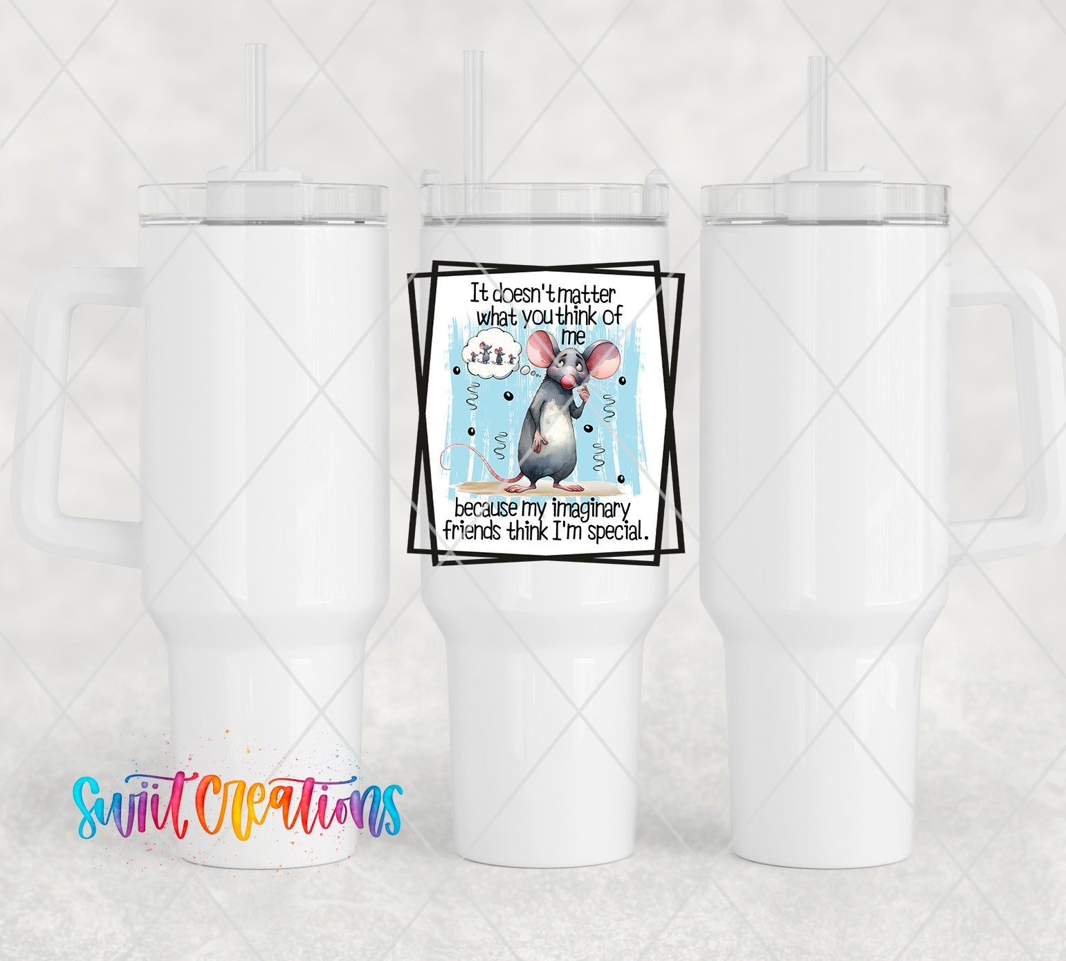 a white tumbler with a picture of a mouse on it