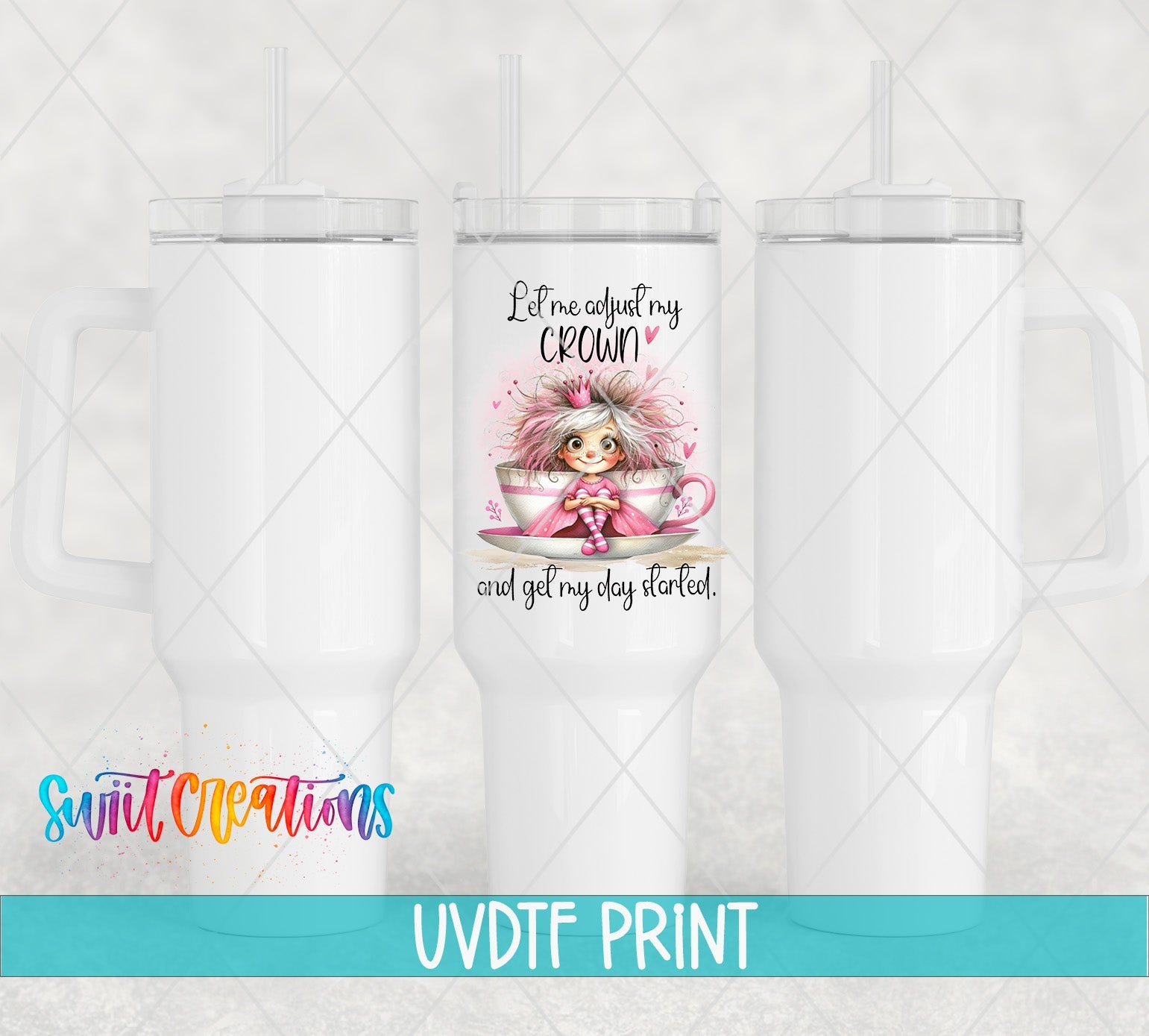 a white tumbler with a picture of a girl on it
