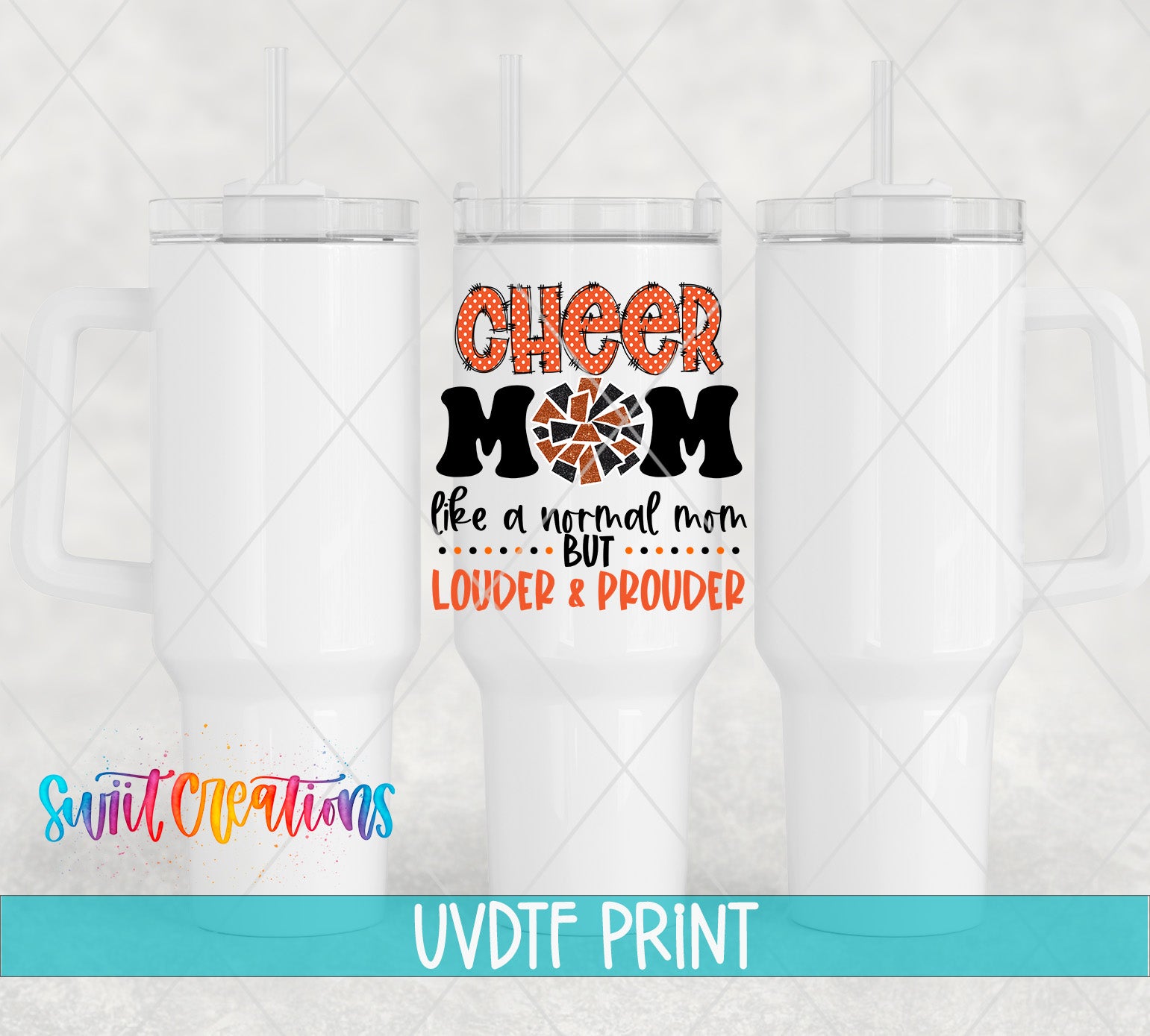 three white tumblers with a printed design on them, including text and graphics.