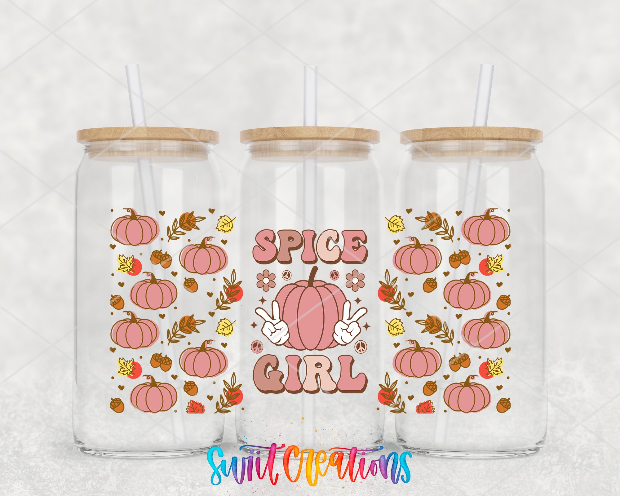 Three glass tumblers with wooden lids, each decorated with a design featuring pumpkins, leaves, and the text "SPICE GIRL" in a playful, autumnal style.