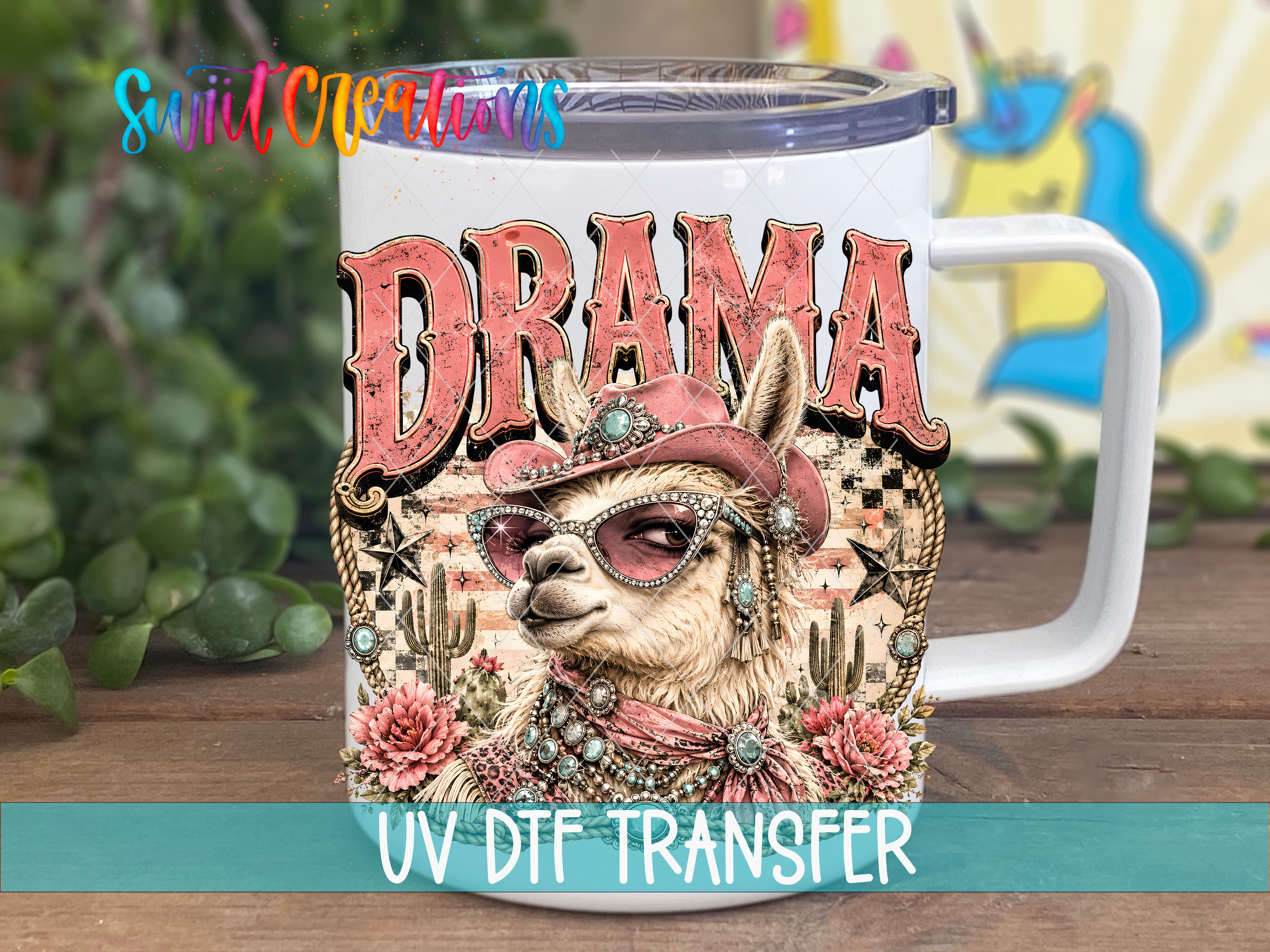 A mug with a colorful design featuring a llama wearing sunglasses and a hat, surrounded by various decorative elements such as flowers and cacti.