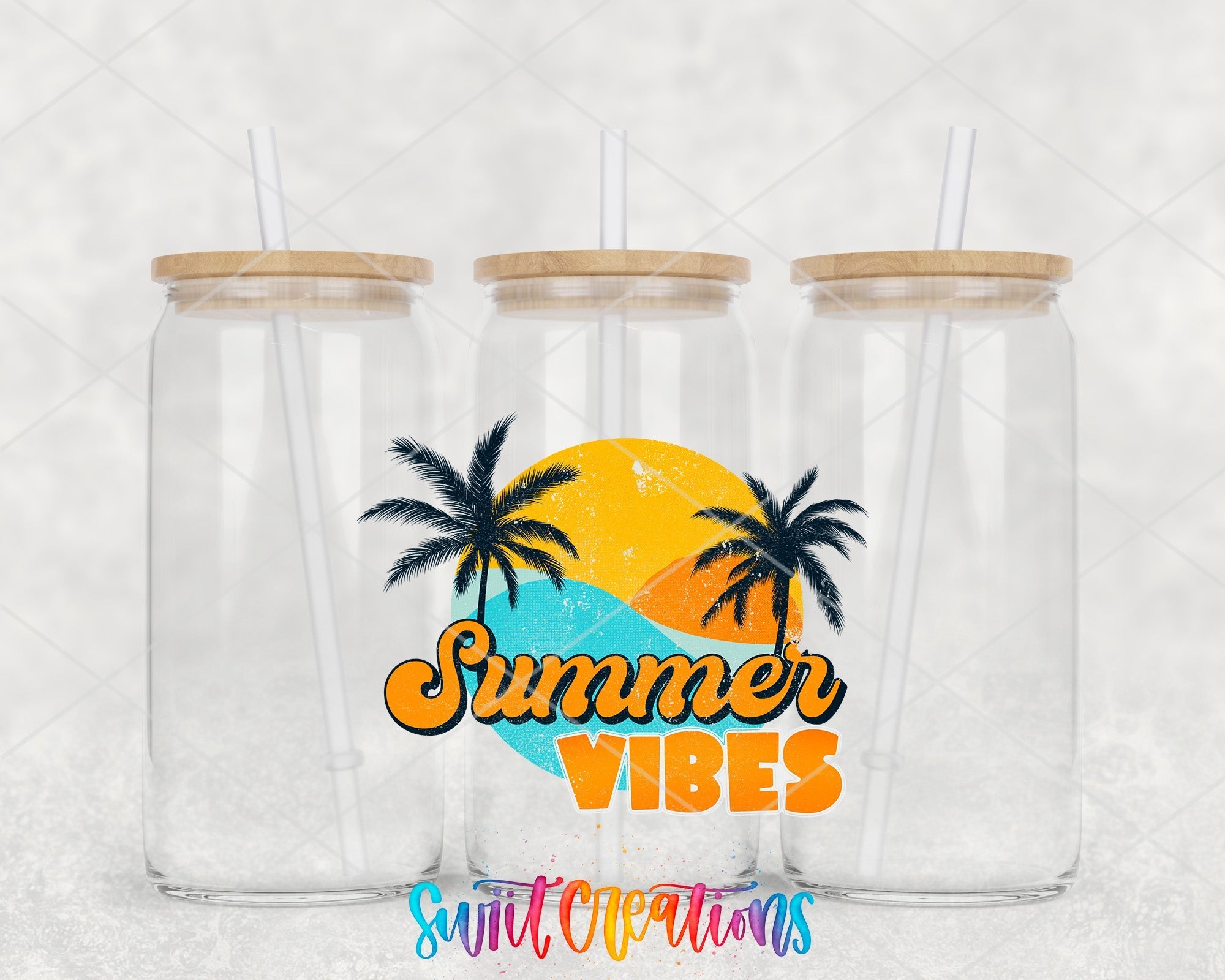 two plastic cups with straws and palm trees
