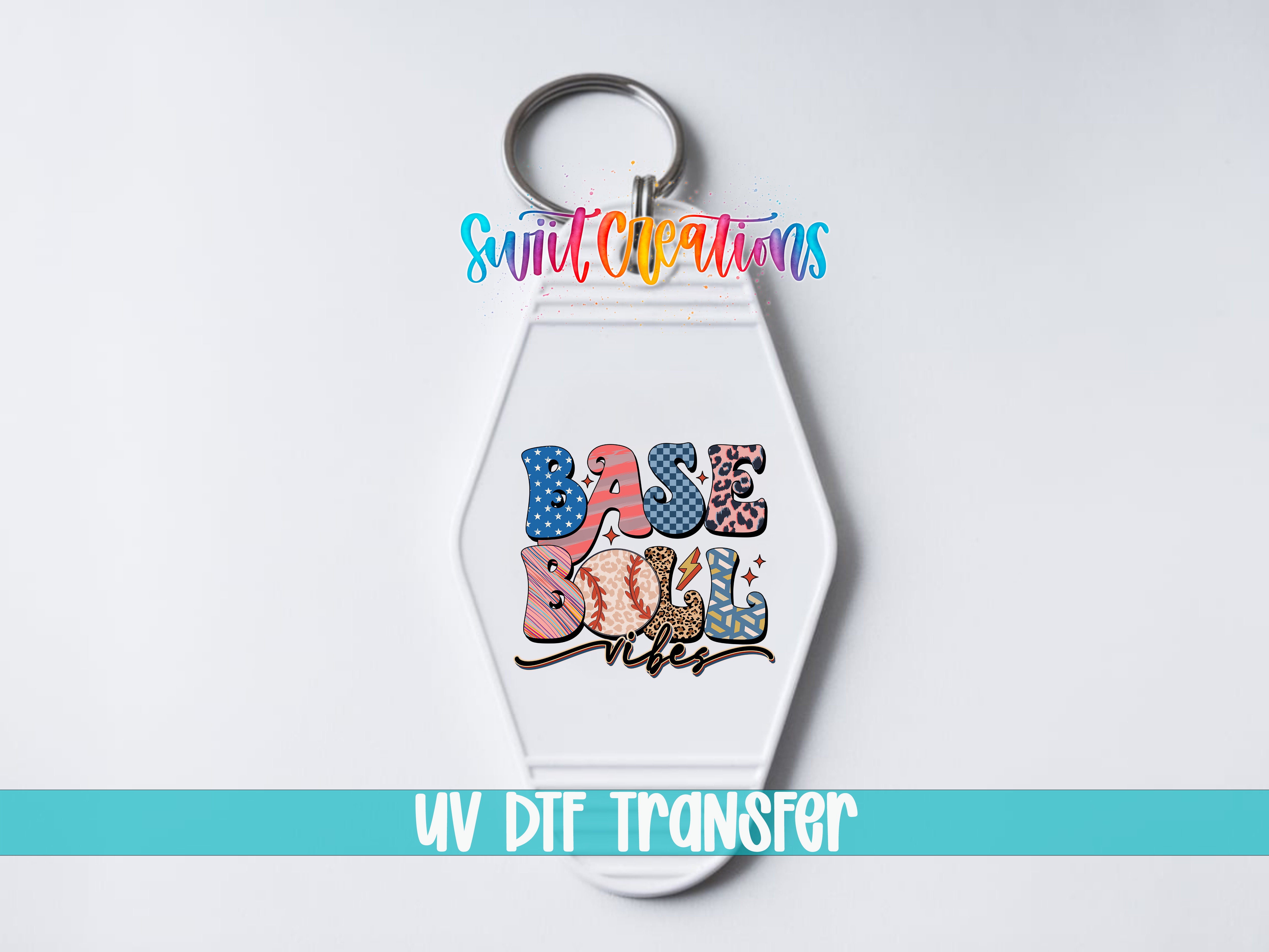 A keychain with the text "Base Ball" printed on it, along with a UV dye transfer logo.