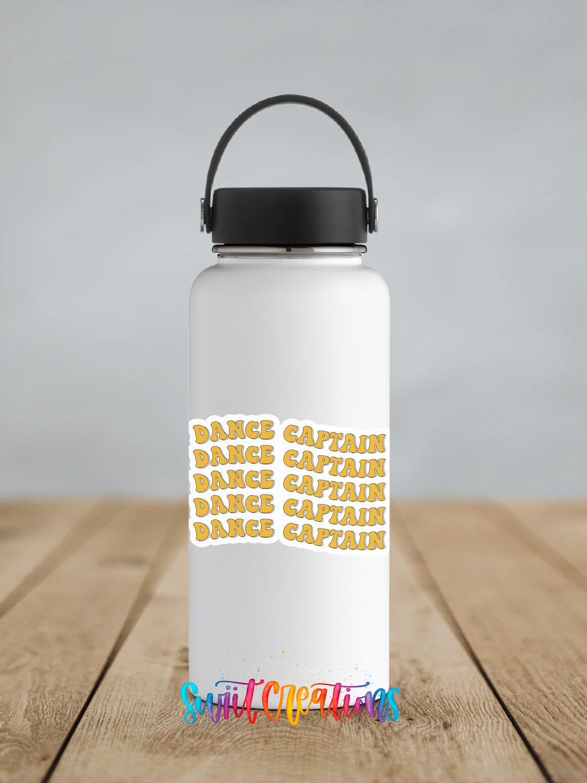 A white water bottle with a black handle and a repeating pattern of the word "DANCE" in yellow and orange text.