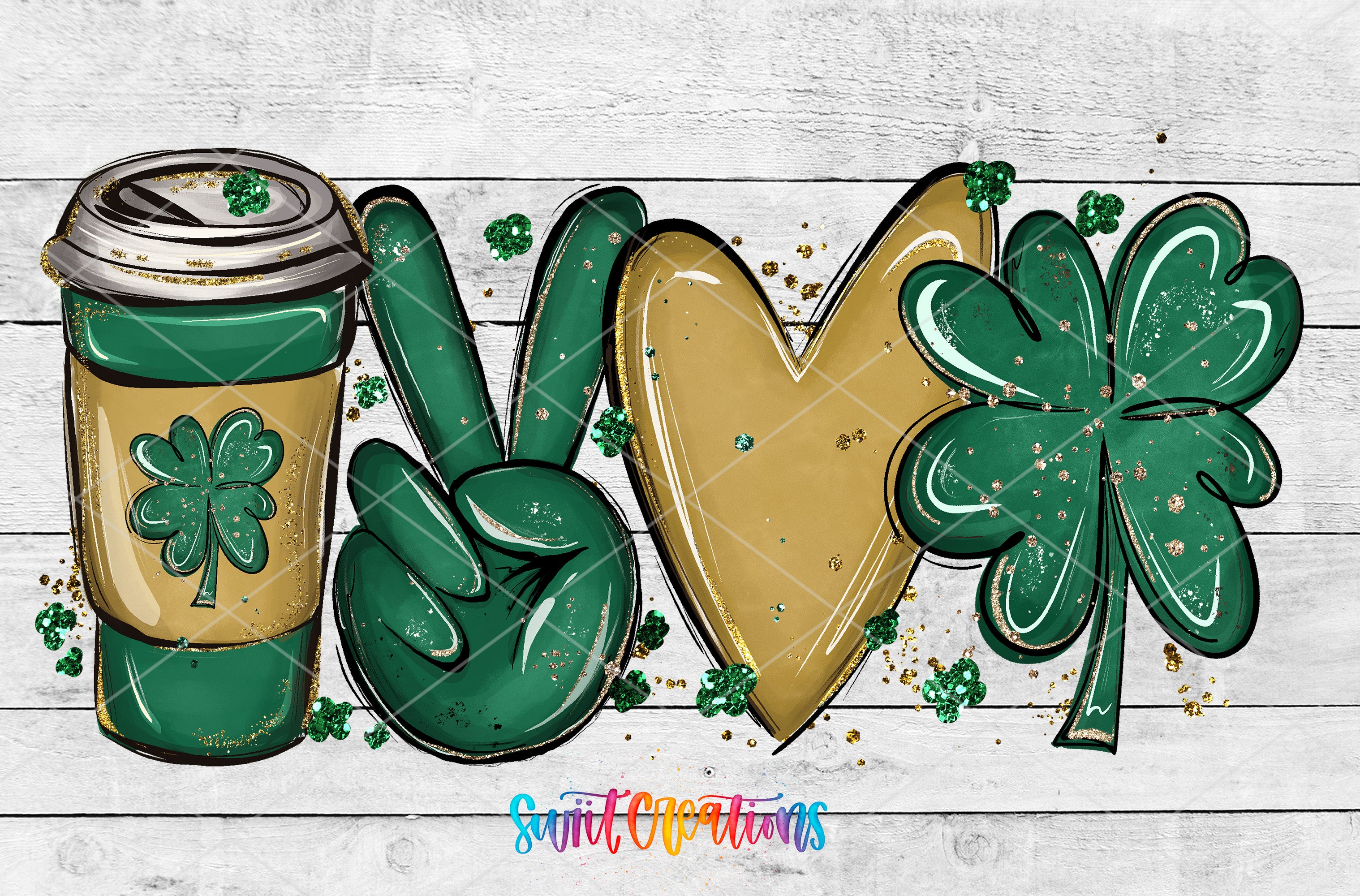 a st patrick's day sign with a cup of coffee and shamrocks