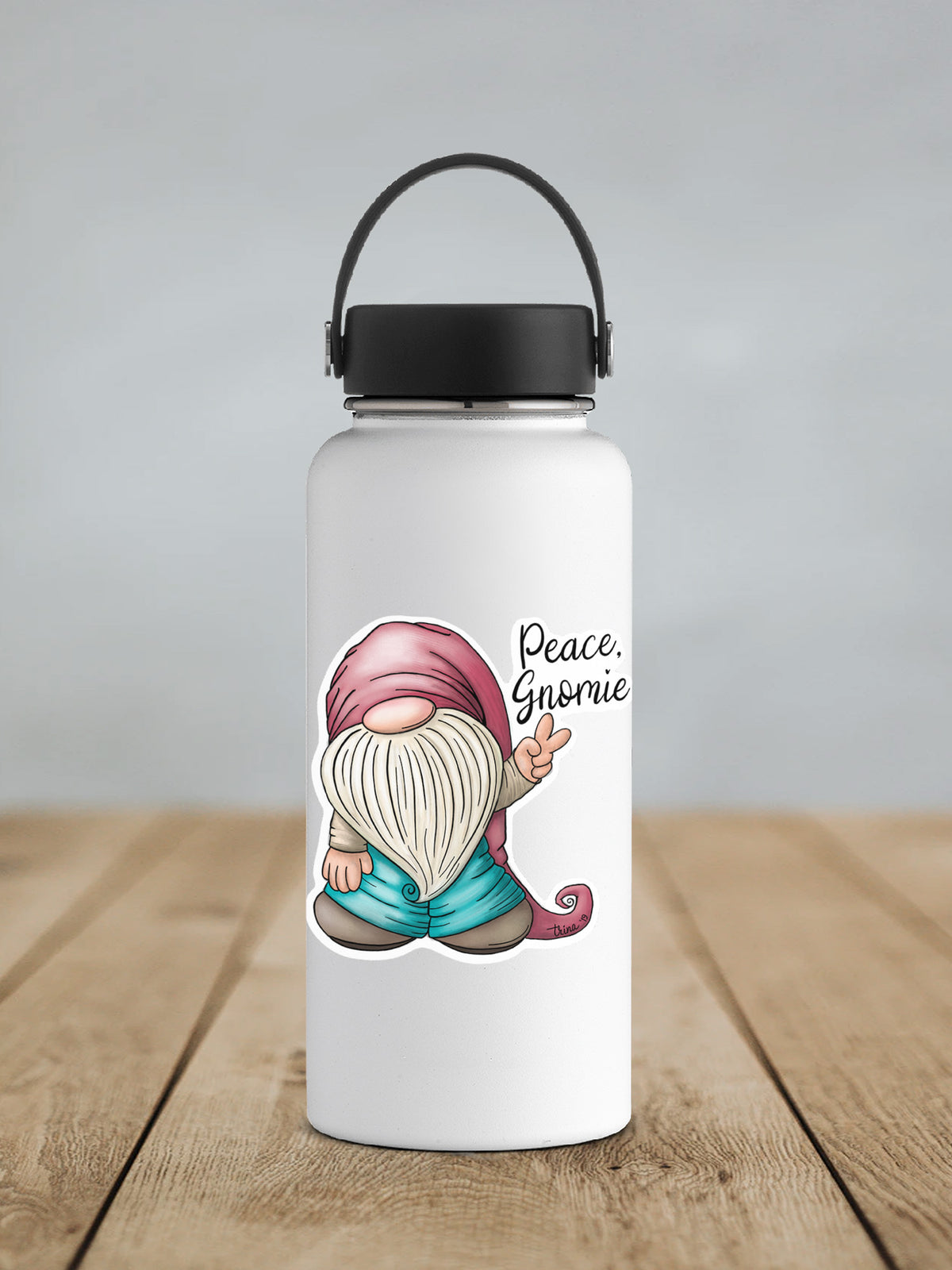 Peace Gnomie sticker on a white insulated water bottle