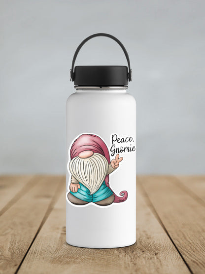 Peace Gnomie sticker on a white insulated water bottle