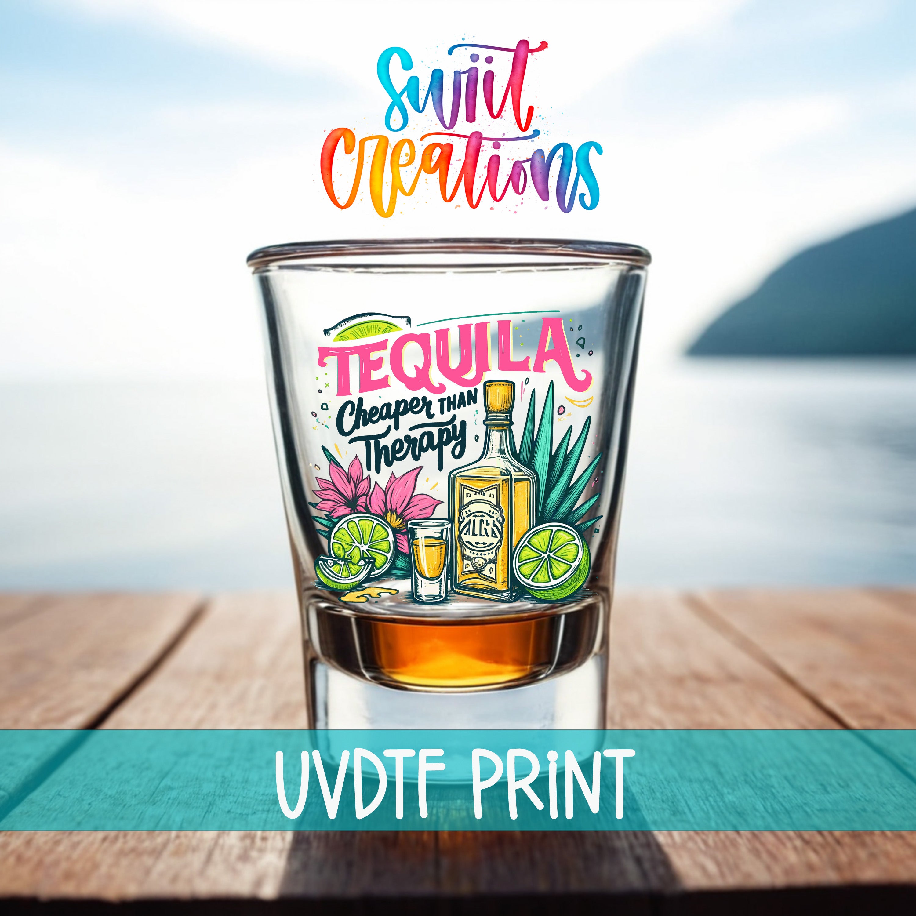 a colorful graphic of a tequila glass with illustrations of tequila bottles, lime slices, and other tropical elements.