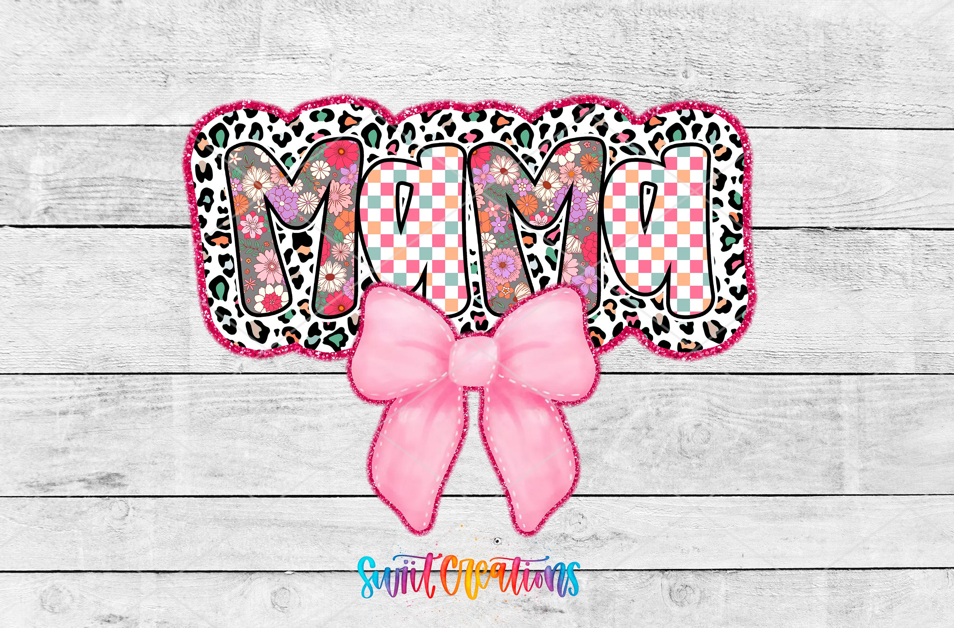 A decorative image featuring the word "Mama" in a checkered pattern, surrounded by a pink bow and a leopard print design.