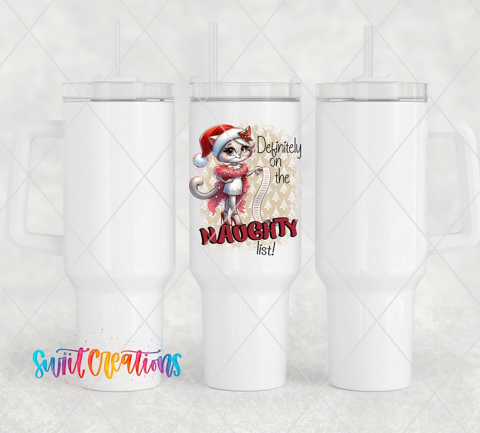 a white cup with a santa clause on it