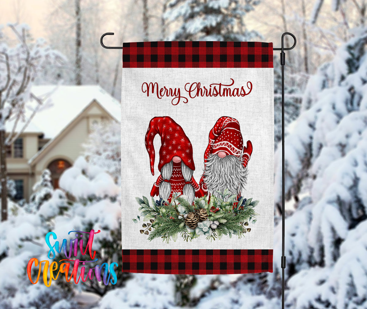 A banner with a Christmas-themed illustration of two gnomes, one red and one white, standing on a snowy landscape with pine trees in the background.
