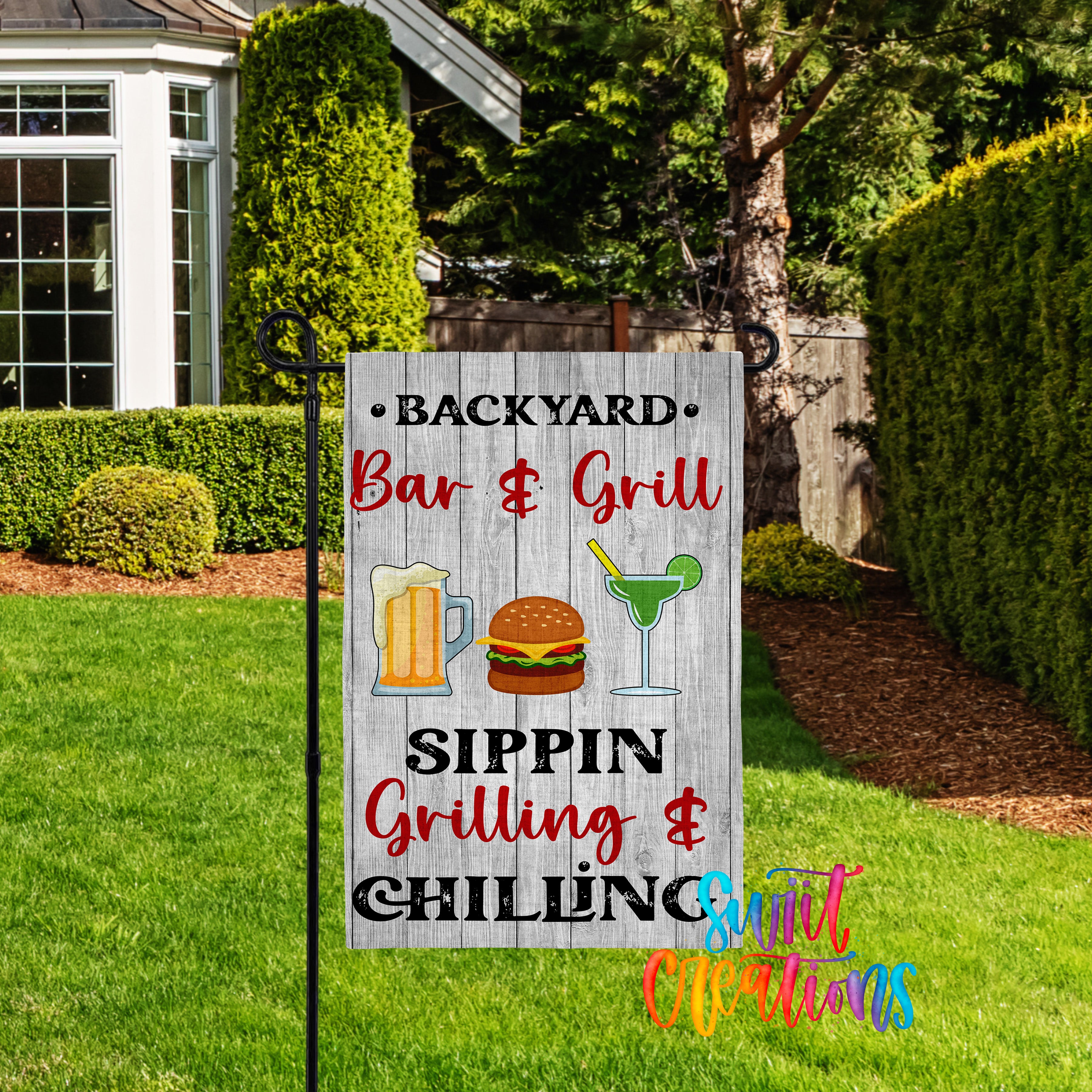 A wooden sign in a backyard setting advertising a bar and grill, sipping, grilling, and chilling.