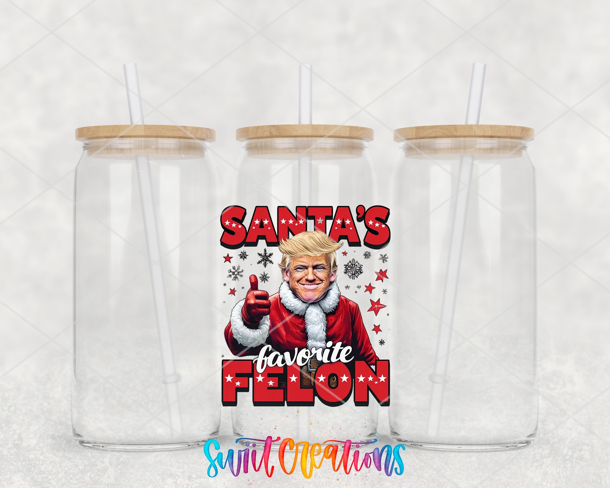two plastic cups with a picture of a santa clause on them