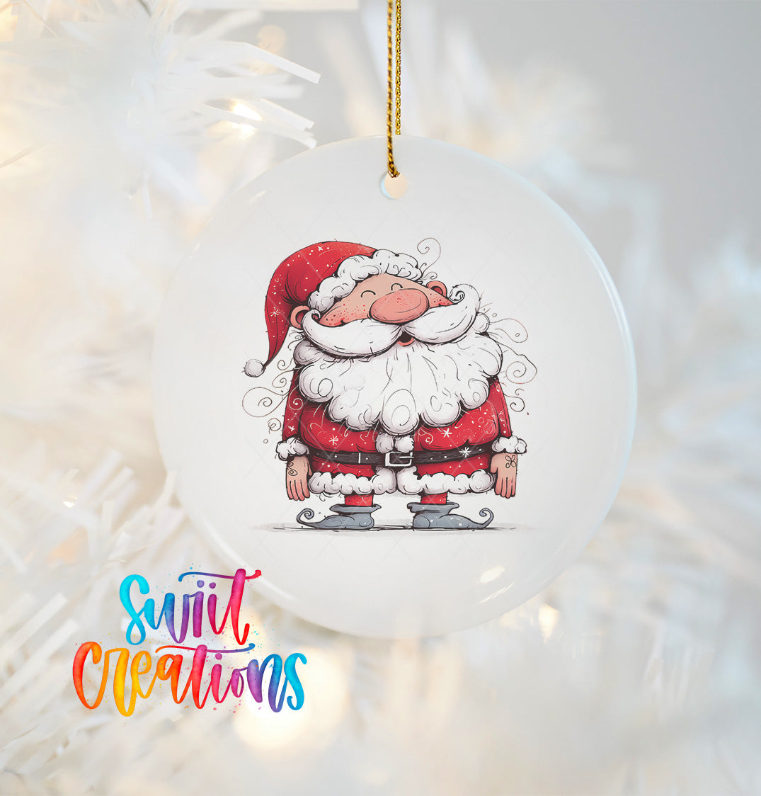 A white ornament featuring a cartoon illustration of Santa Claus.