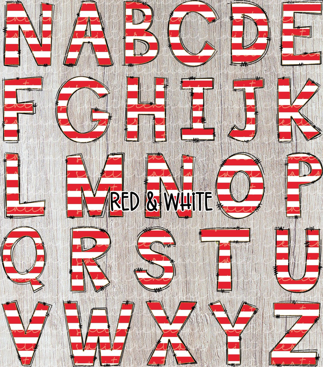 the letters of the alphabet, with the word "RED & WHITE" written in the center.