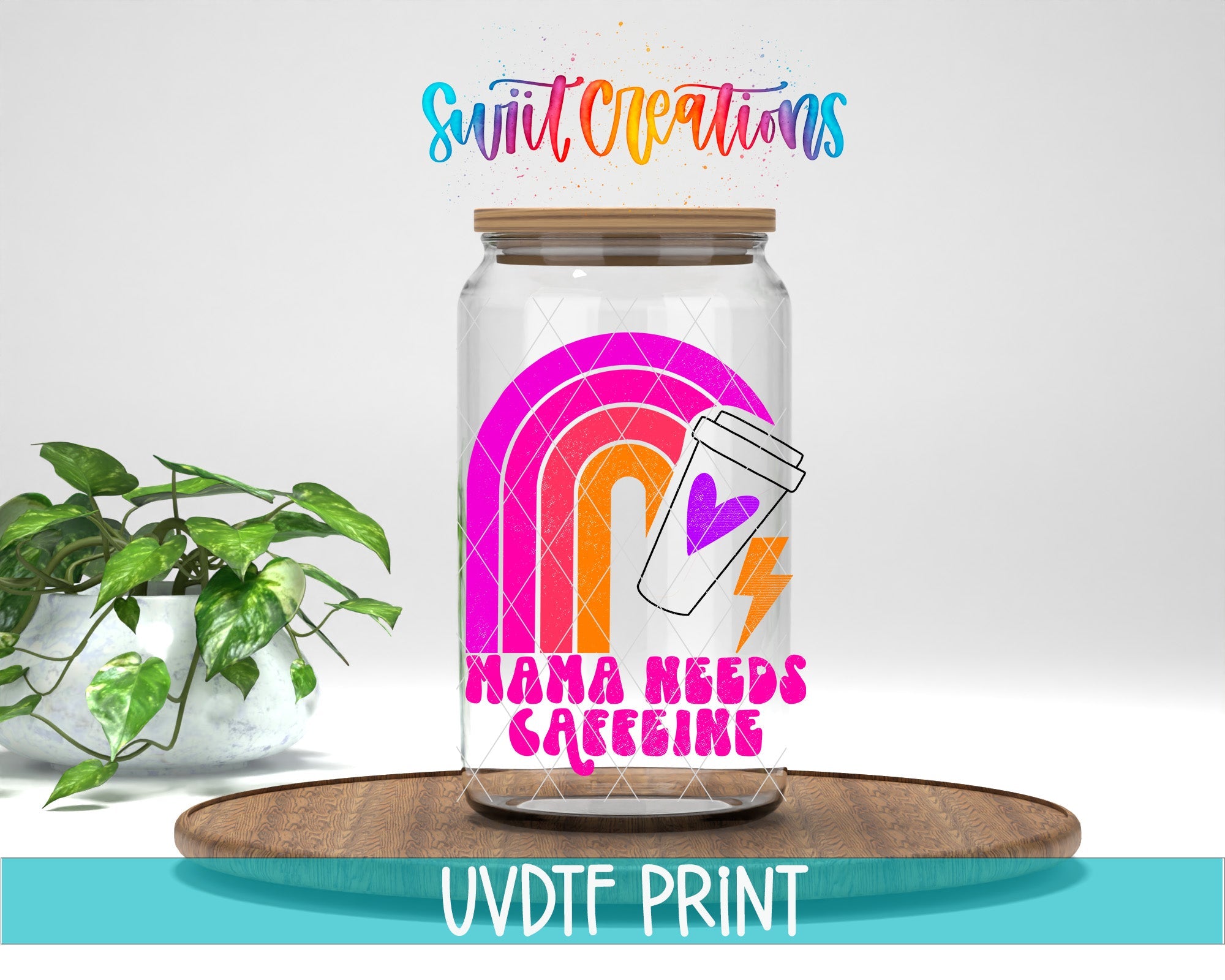 a glass jar with a rainbow design on it