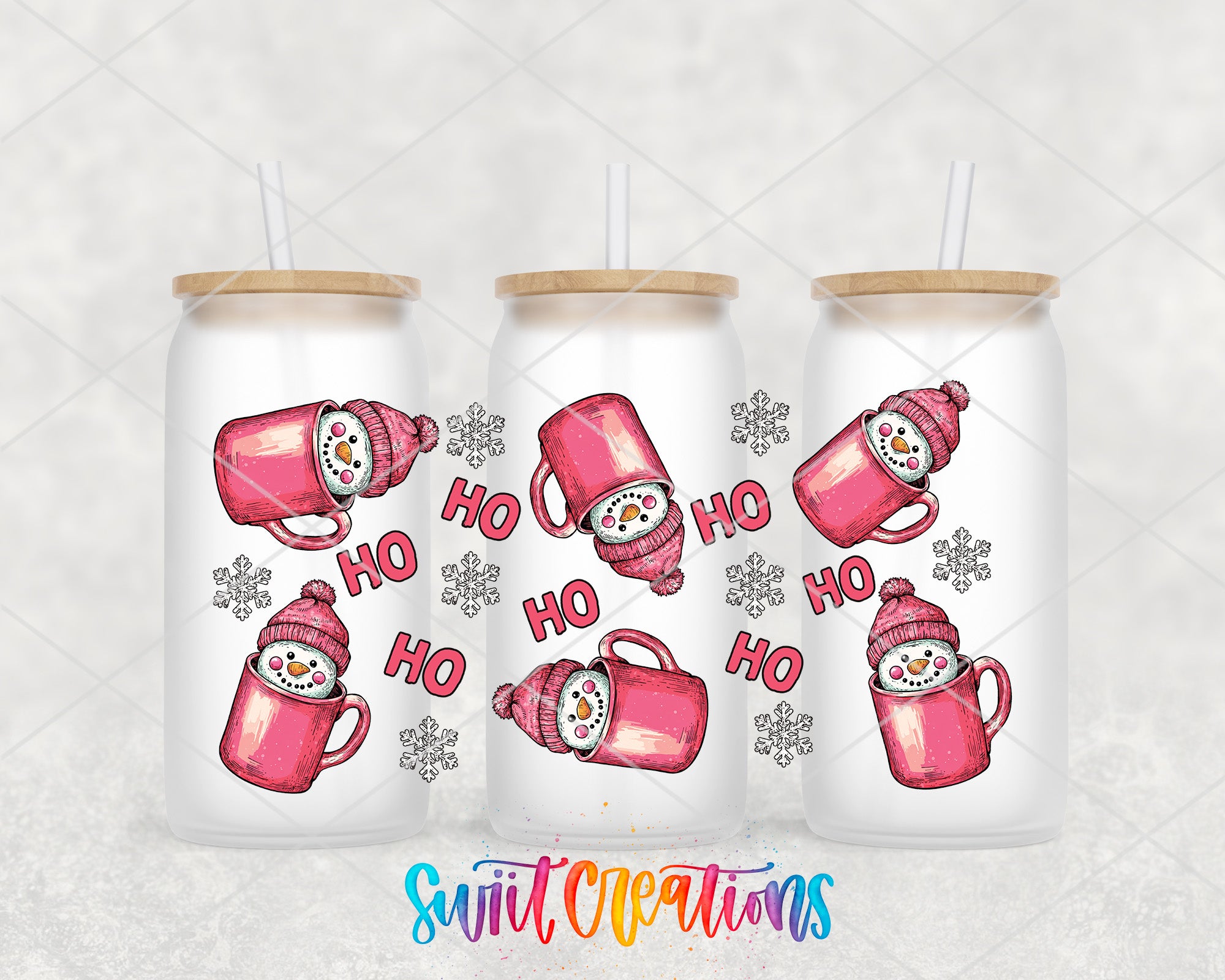 A collection of three white tumblers with pink snowmen and snowflakes on them, along with the text "HO HO HO" printed on them.
