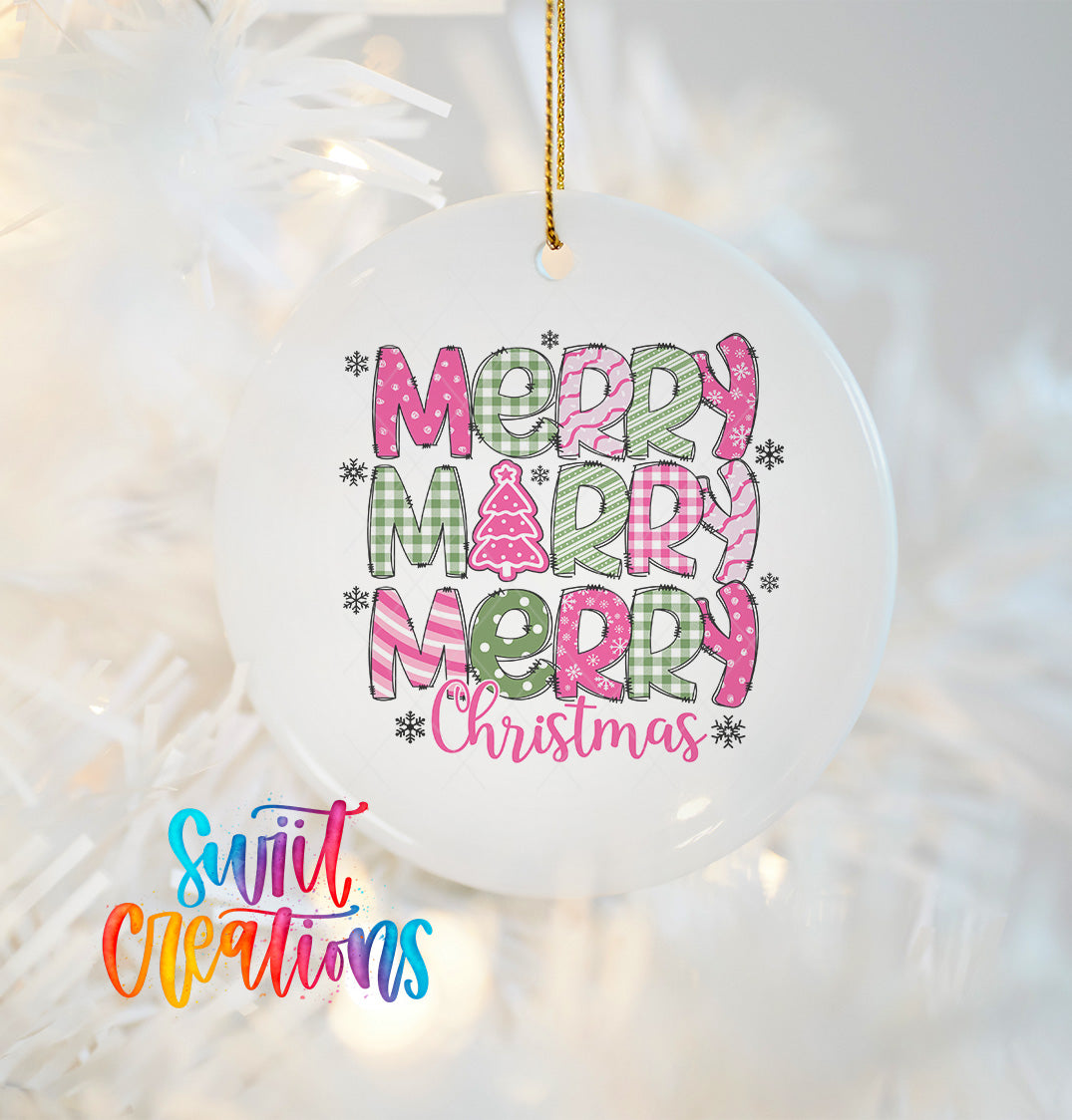 A white Christmas ornament with the text "MERRY MERRY MERRY CHRISTMAS" printed on it, surrounded by snowflakes and other festive decorations.