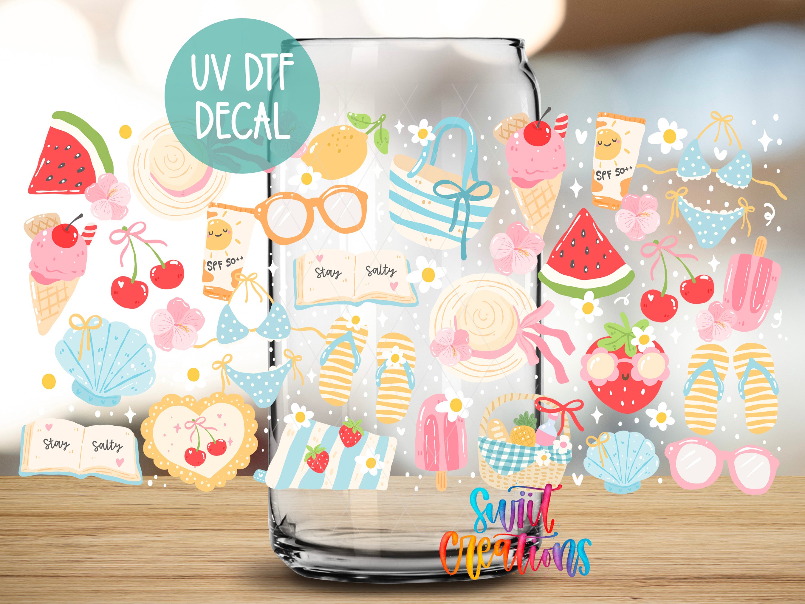 a glass with a bunch of different items on it