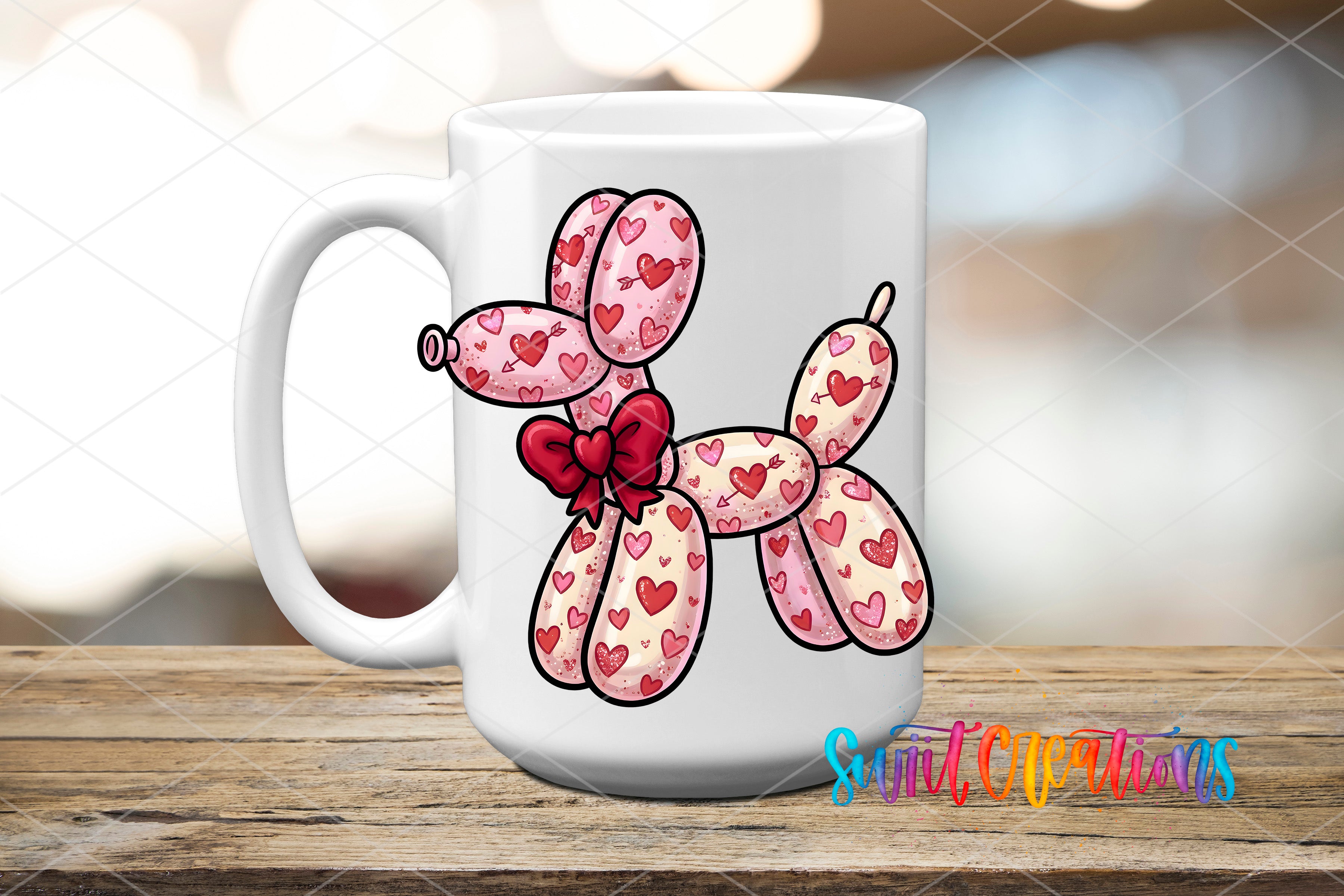 A white mug with a cartoon image of a heart-shaped balloon dog printed on it.