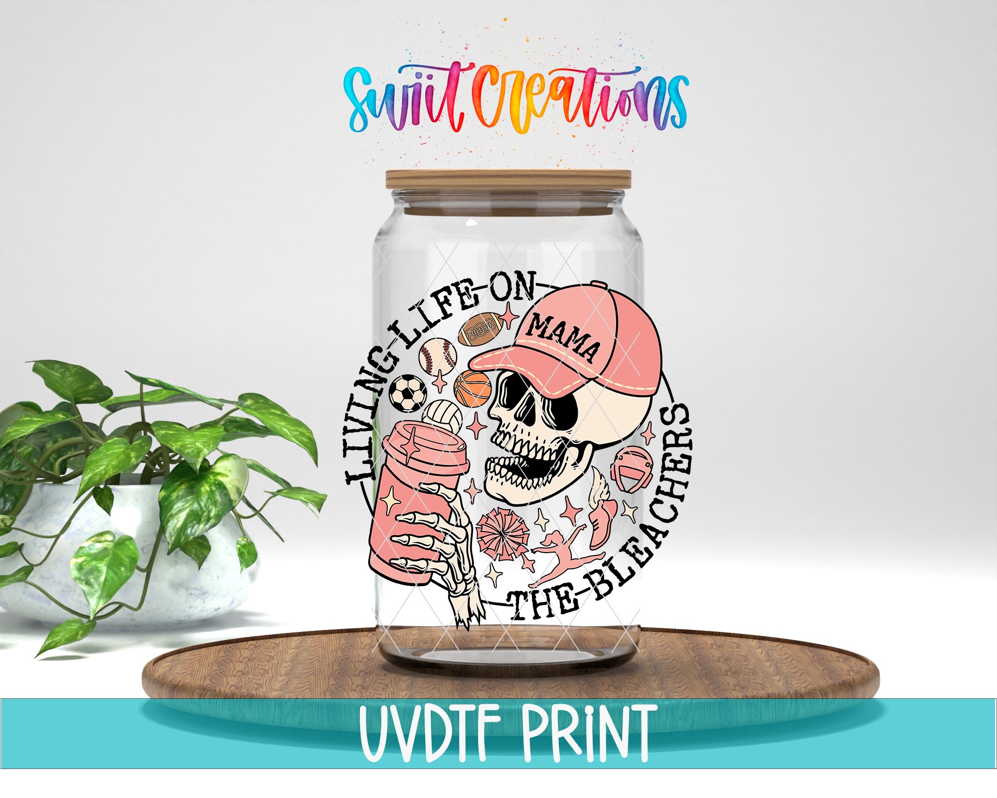 a glass jar with a skull wearing a pink cap and holding a red cup, surrounded by various sports-related items.