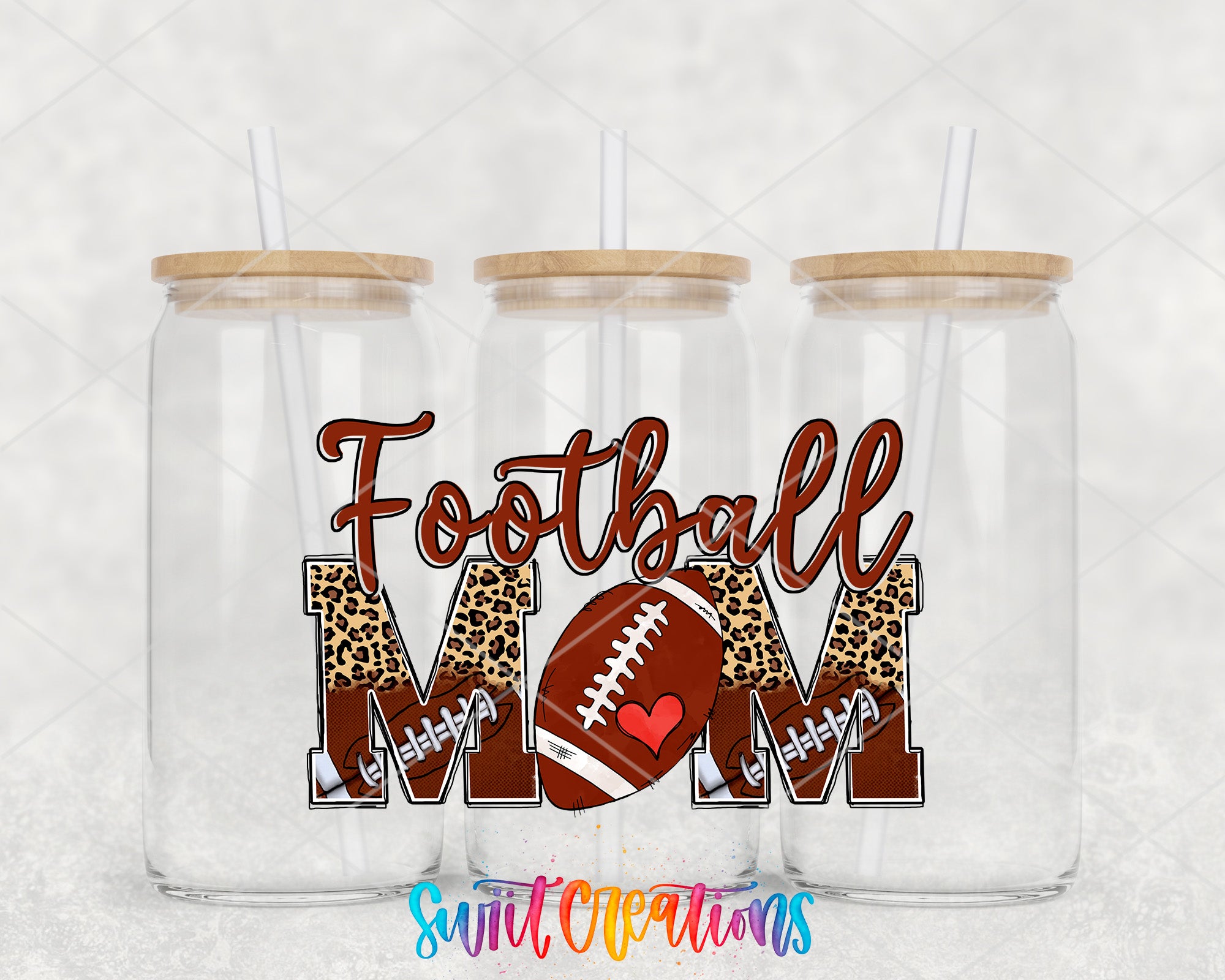 three glass jars with straws, each containing a football graphic and the text "Football Mom" written in a stylized font.