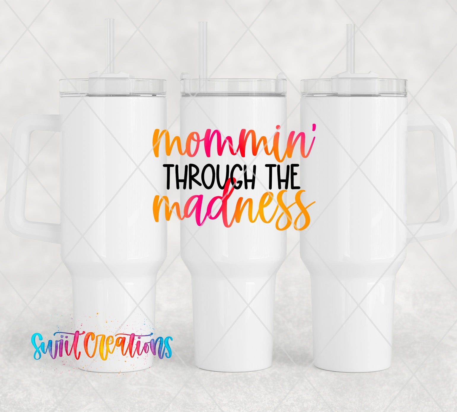three coffee mugs with the words mommy through the madness on them