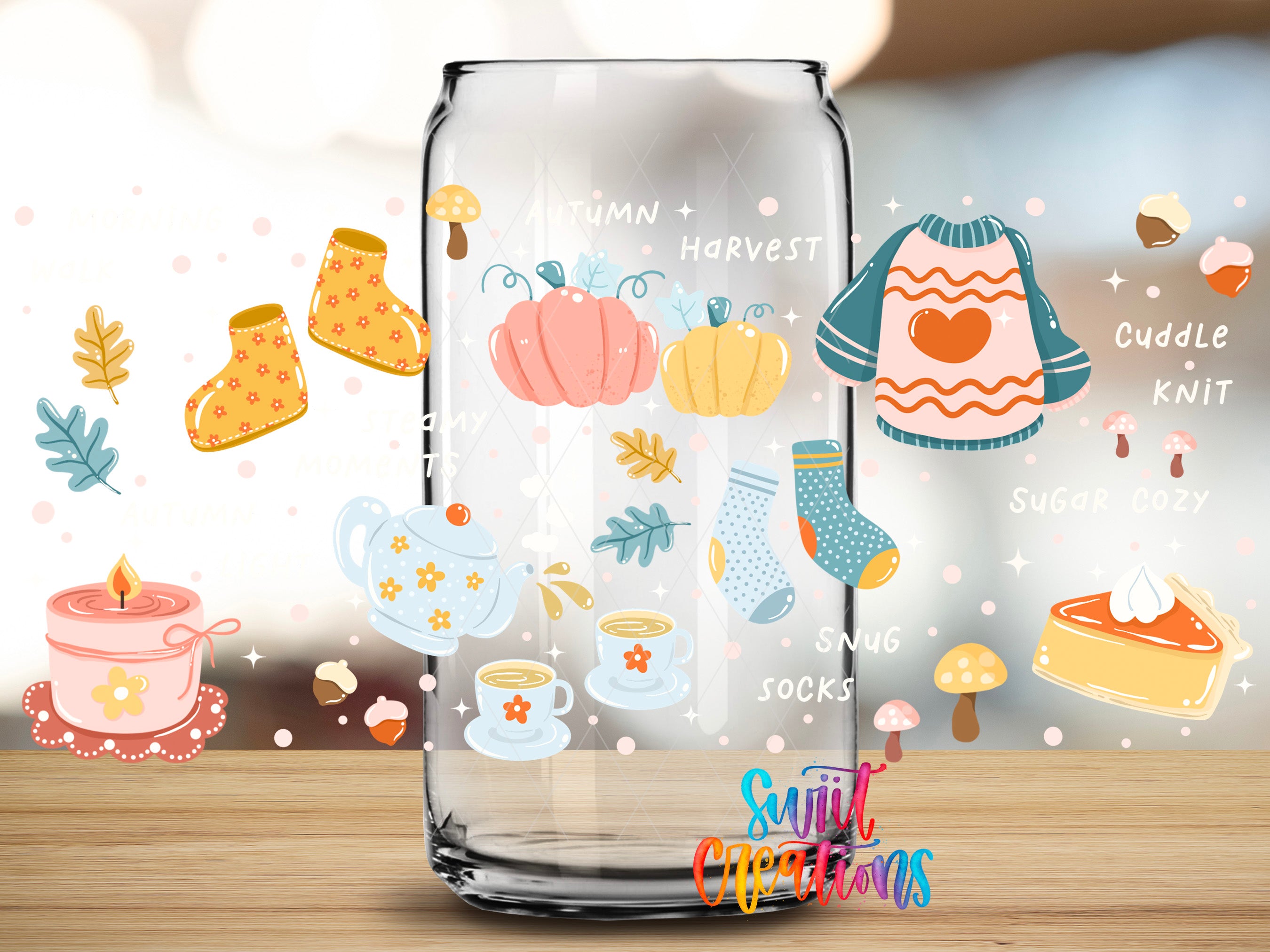 a glass jar filled with various fall-themed illustrations, including boots, pumpkins, a sweater, and other seasonal items.